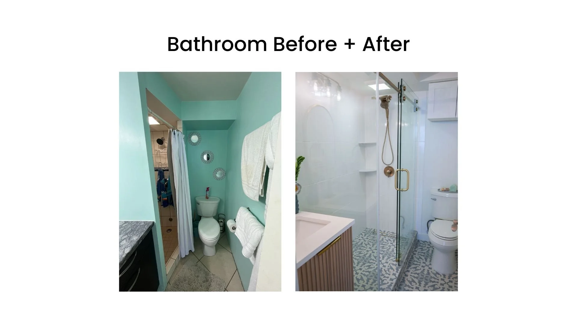 Side-by-side comparison of a bathroom showing before and after renovations, featuring updated fixtures, flooring, and design.