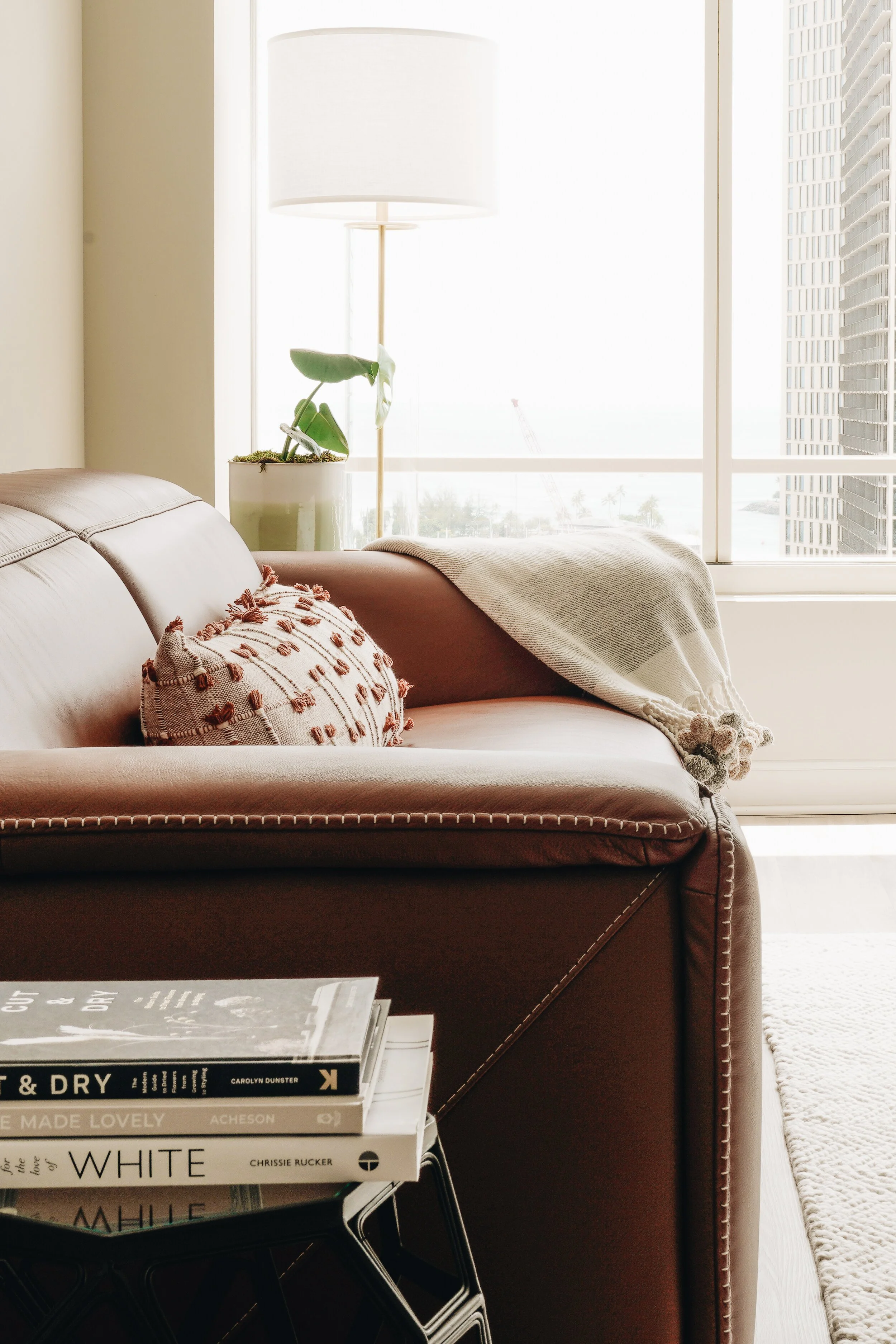 Cozy living room with a brown leather sofa, decorative pillow, throw blanket, stack of books, floor lamp, and potted plant near large window.