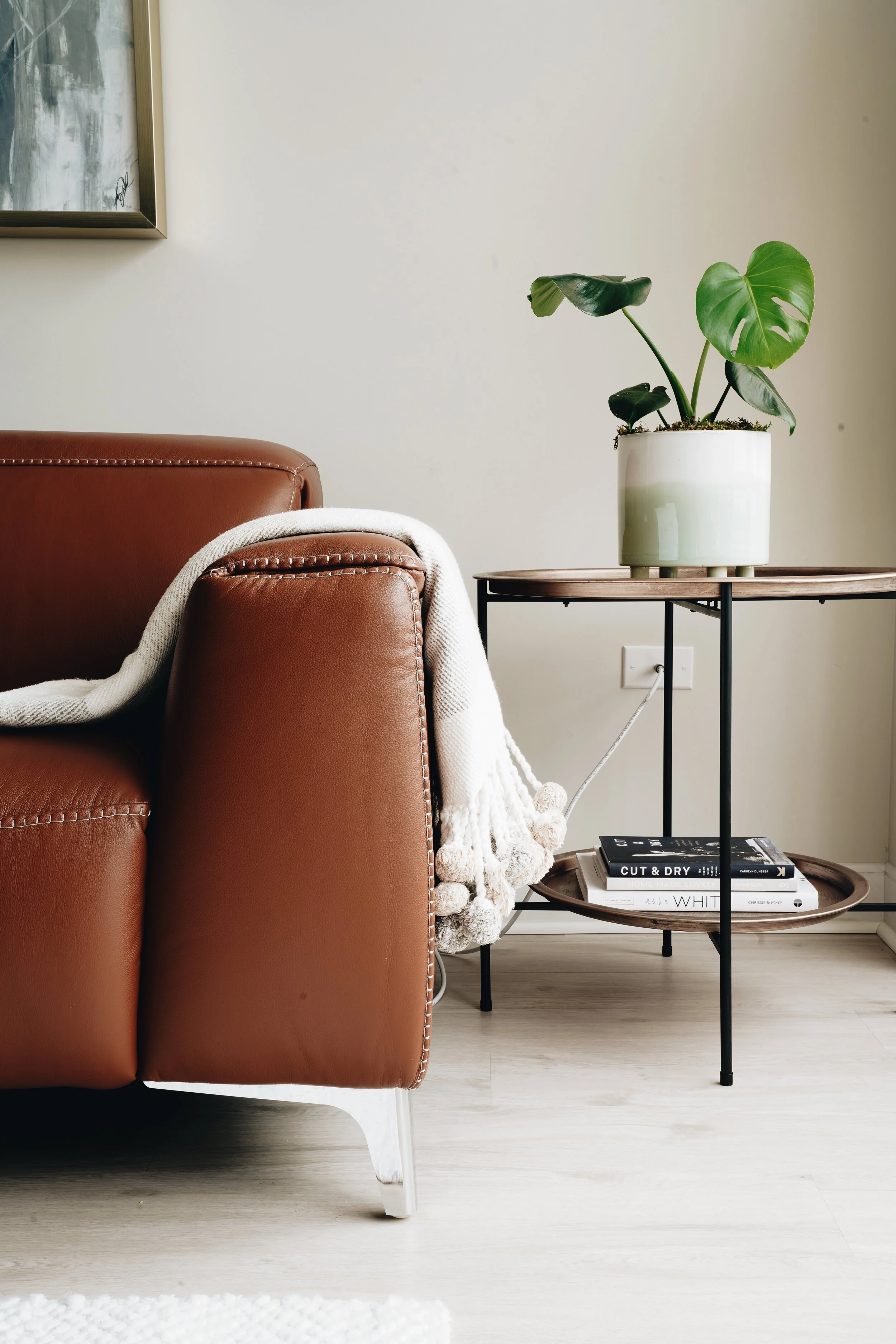 Modern living room setup with a brown leather couch, a white throw blanket draped over the armrest, a small round side table with a potted monstera plant, and books stacked underneath.