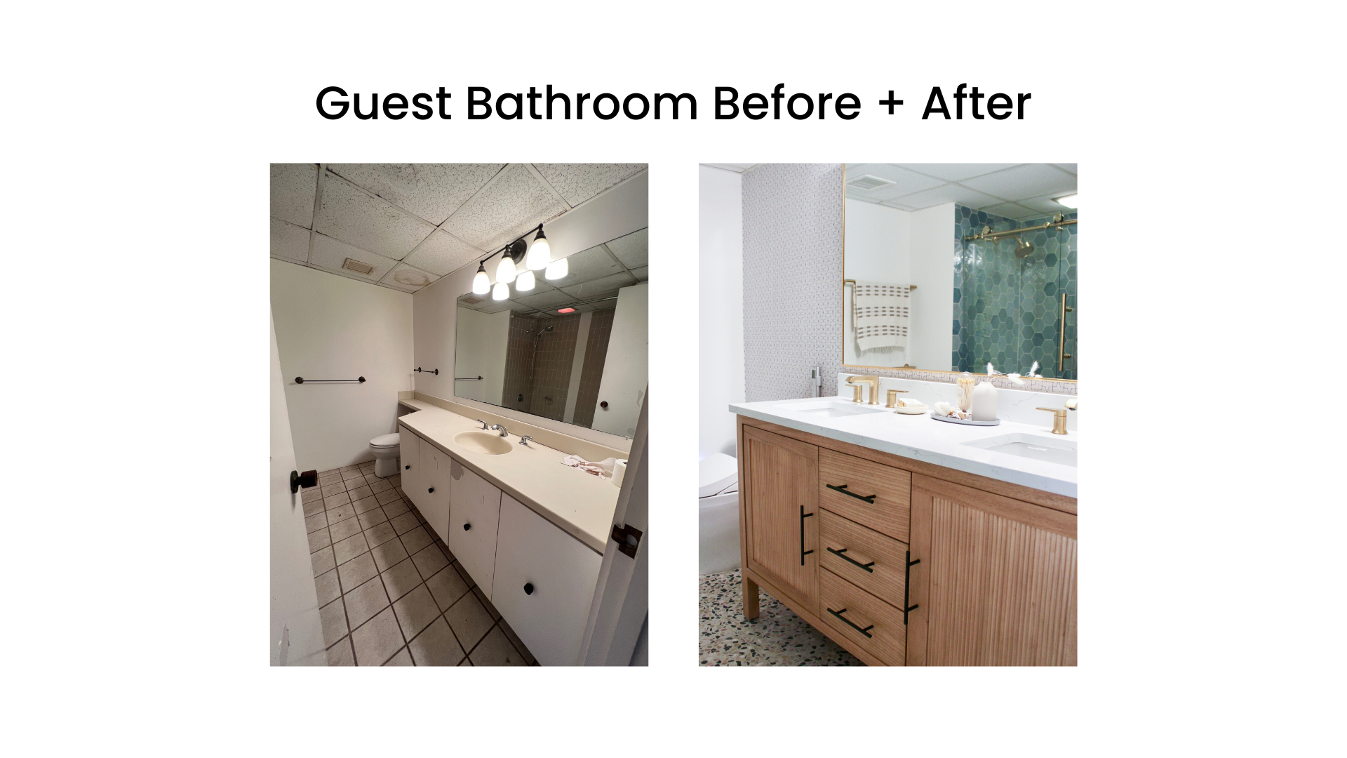 Guest bathroom renovation before and after; left shows outdated bathroom with old tiles and fixtures, right displays modern update with new vanity, countertop, and tiles.