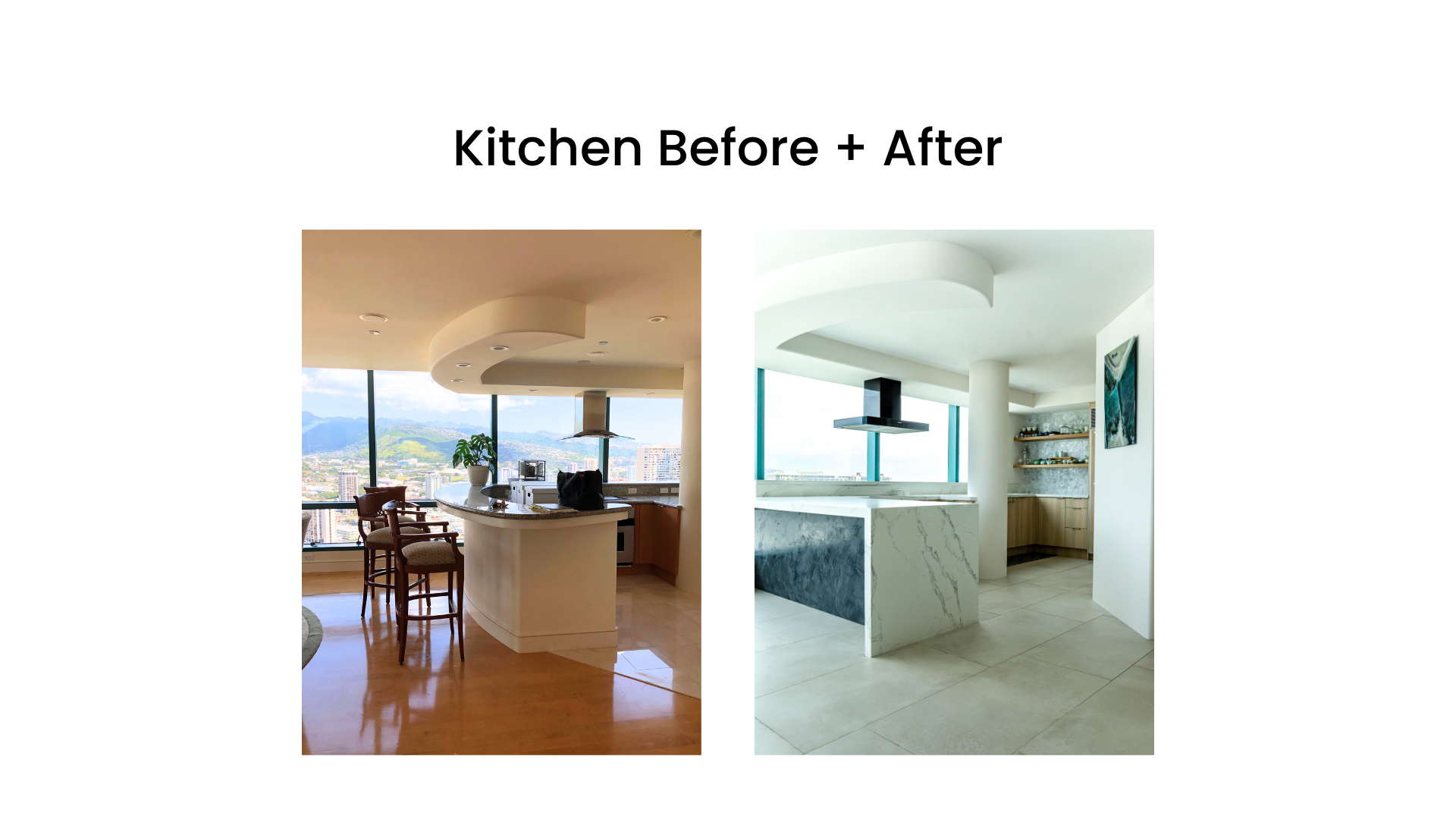 Comparison of kitchen before and after renovation, showing changes in design, lighting, and countertops.