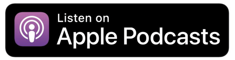 Apple Podcasts logo with text 'Listen on Apple Podcasts'. Purple podcast icon.