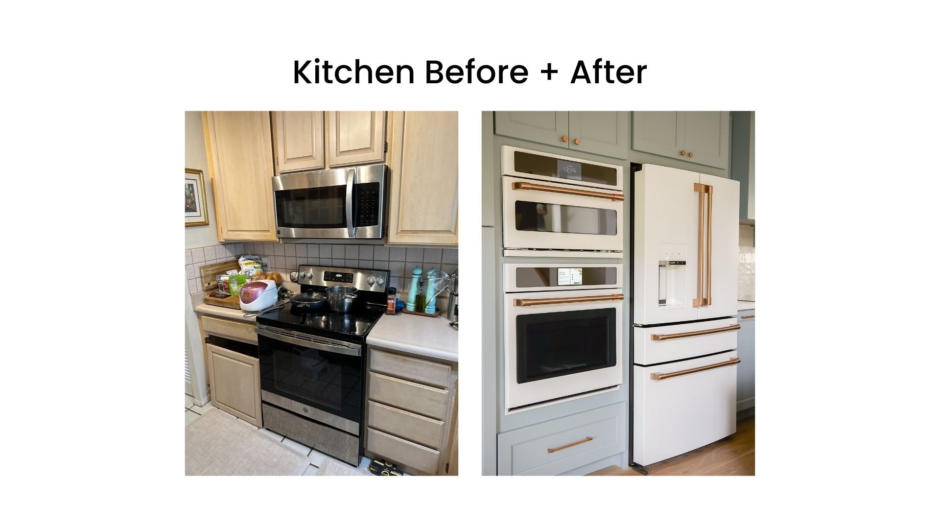 Before and after kitchen renovation comparison, showing an older kitchen with wooden cabinets and stainless steel appliances on the left, and a modern kitchen with white and brass appliances, gray cabinets on the right.
