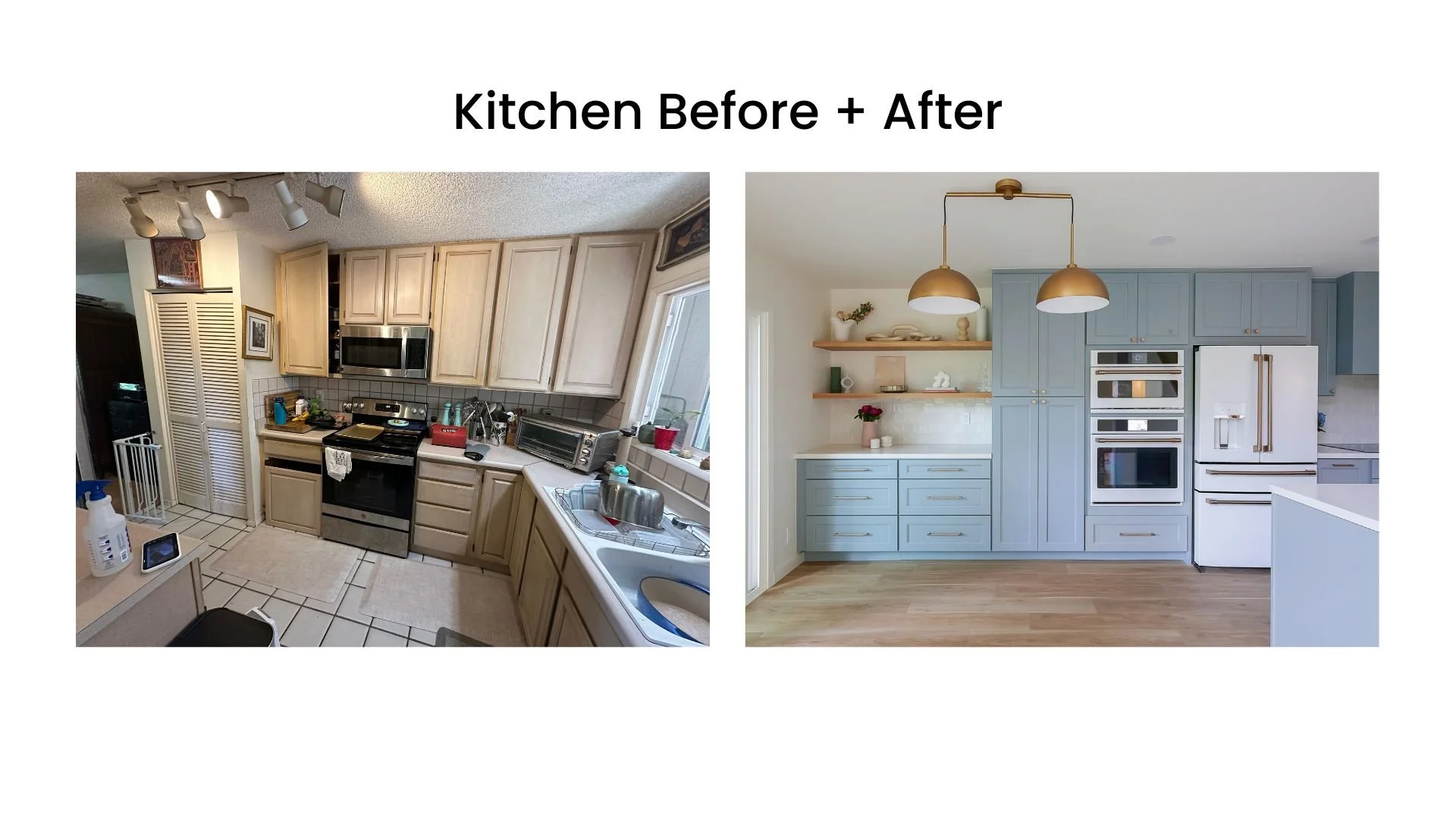 Kitchen before and after renovation comparison. The left image shows an older kitchen with beige cabinets and white tile floors. The right image shows a modern kitchen with blue cabinetry, wood floors, modern appliances, and pendant lighting.