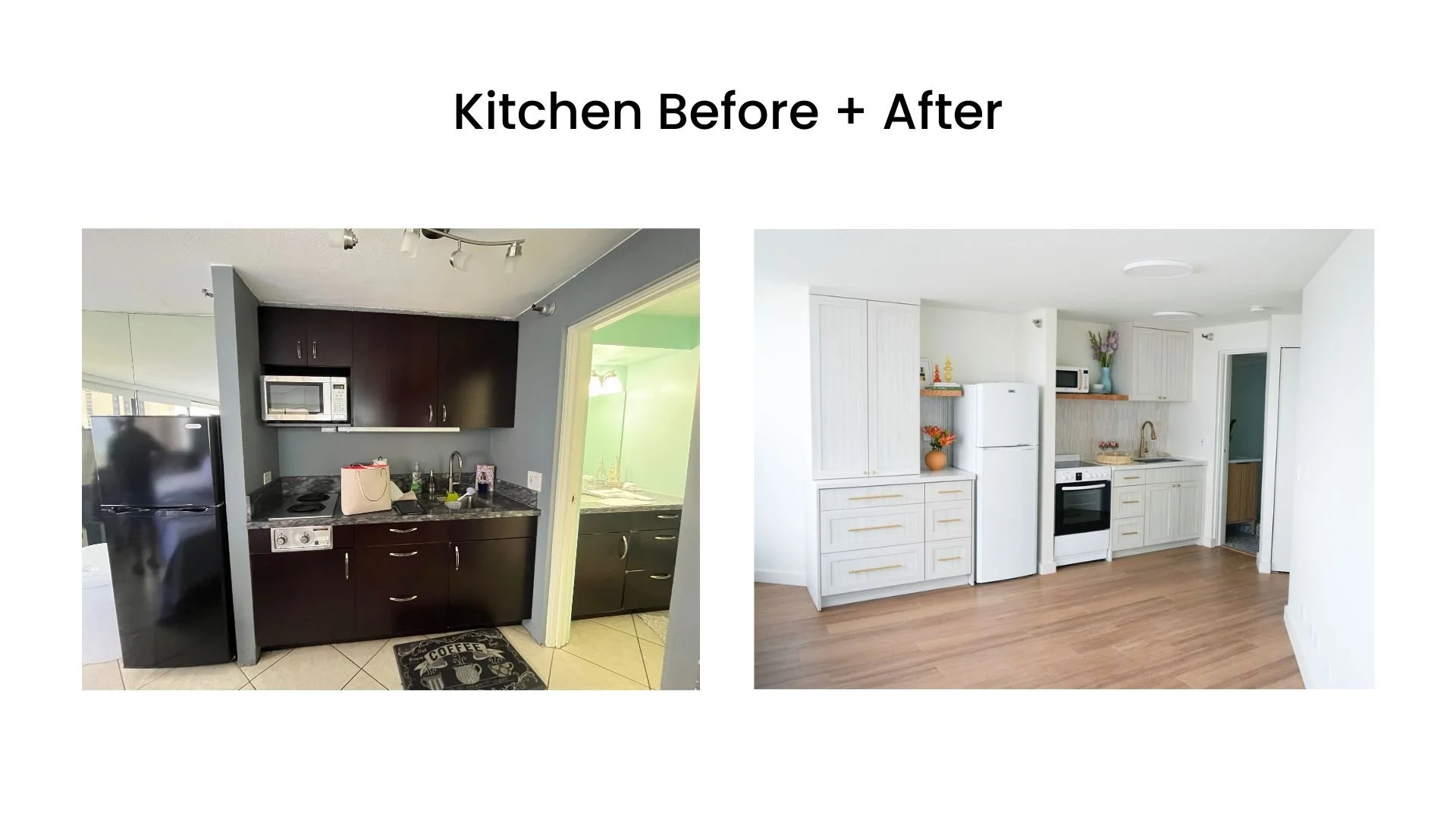 A side-by-side comparison of a kitchen before and after renovation. The left image shows a small dark kitchen with black cabinets, a microwave, and a black refrigerator. The right image features a remodeled kitchen with light cabinets, a new refrigerator, stove, and modern decor.