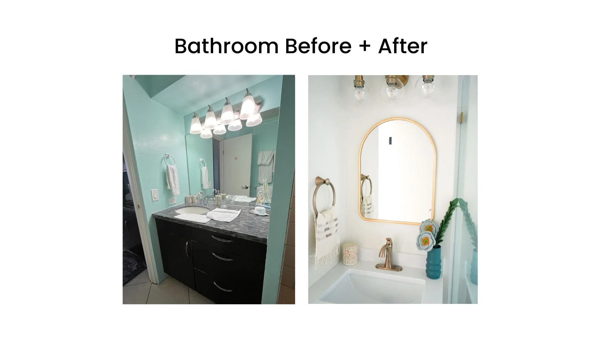 Bathroom renovation showing before and after images with different color schemes and fixtures.