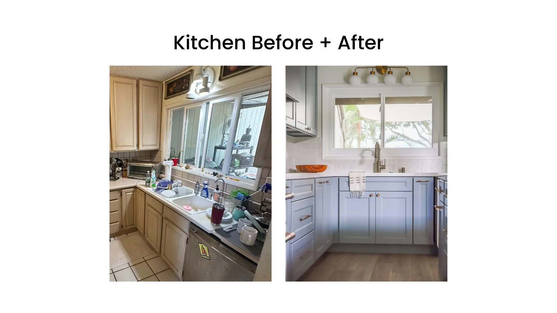 Before and after kitchen renovation showing transformation from cluttered to modern design.