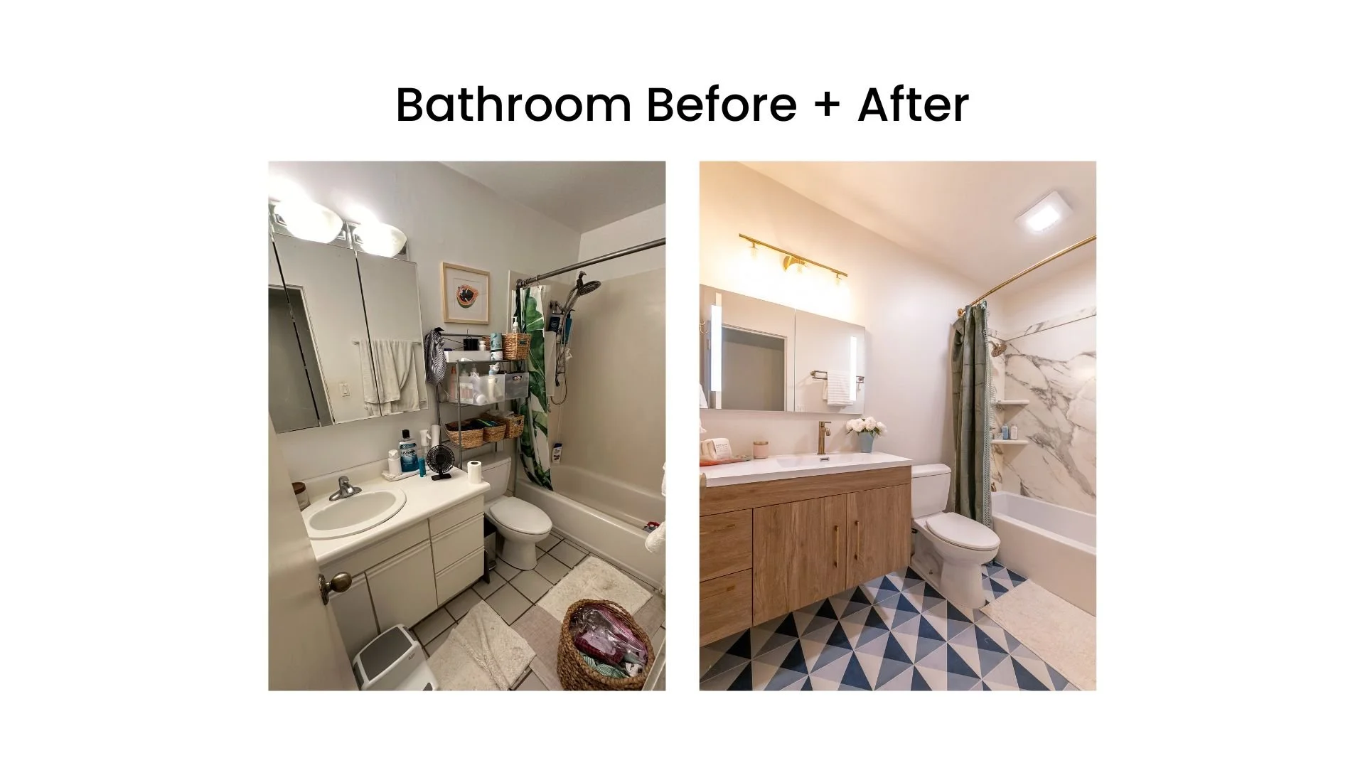 Bathroom transformation with before and after images; left shows a cluttered, outdated space, right shows a modern, organized bathroom with new tiles, cabinetry, and lighting.