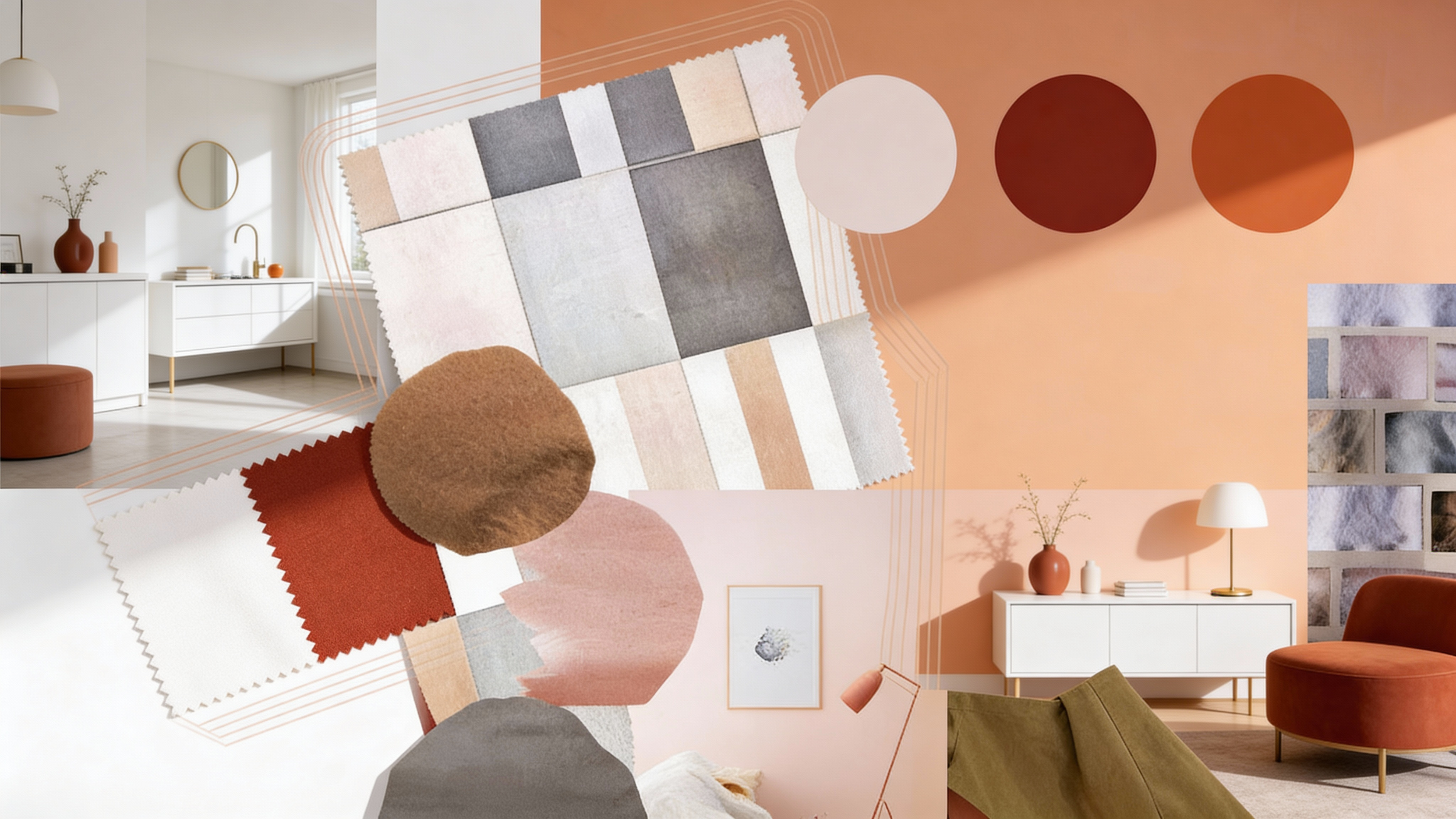 Design mood board featuring warm neutral color palette, textures, and modern interior styling elements.