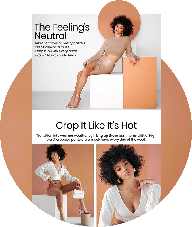 Windsor Fashions Spring email campaign layout featuring neutral-toned outfits and fashion editorial design.