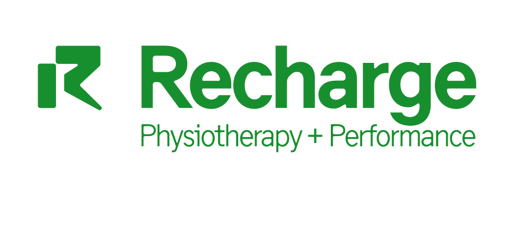 Logo for Recharge Physiotherapy and Performance in green, featuring a stylized 'R' symbol and the words 'Recharge Physiotherapy + Performance'.