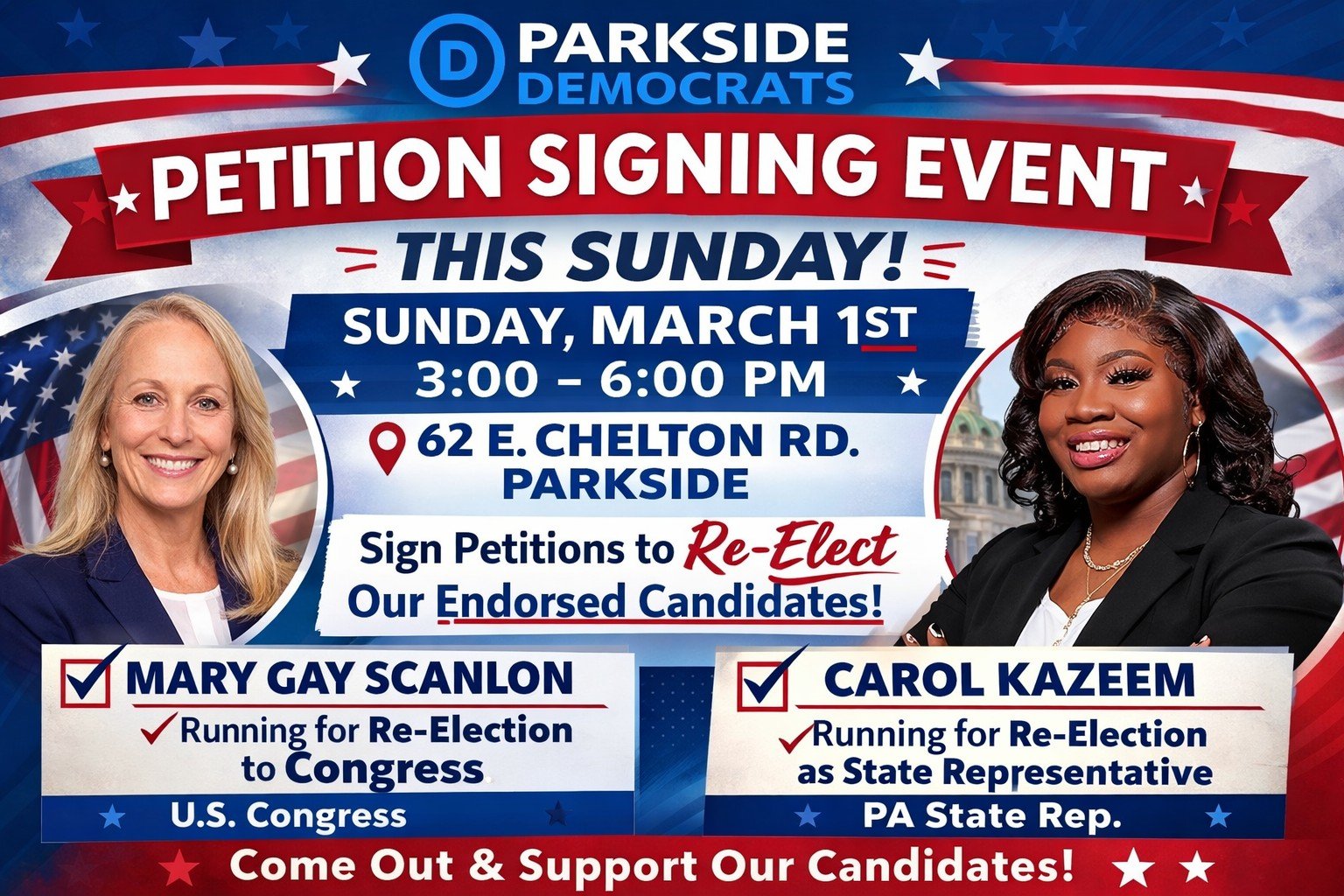 🗳️✍🏽 𝗣𝗲𝘁𝗶𝘁𝗶𝗼𝗻 𝗦𝗶𝗴𝗻𝗶𝗻𝗴 𝗘𝘃𝗲𝗻𝘁 &ndash; 𝗧𝗵𝗶𝘀 𝗦𝘂𝗻𝗱𝗮𝘆!✍🏽🗳️

The Parkside Dems are hosting a petition signing event this 𝗦𝘂𝗻𝗱𝗮𝘆, 𝗠𝗮𝗿𝗰𝗵 𝟭𝘀𝘁 𝗳𝗿𝗼𝗺 𝟯&ndash;𝟲 𝗣𝗠 at:

📍 62 E. Chelton Rd, Parkside

We need 