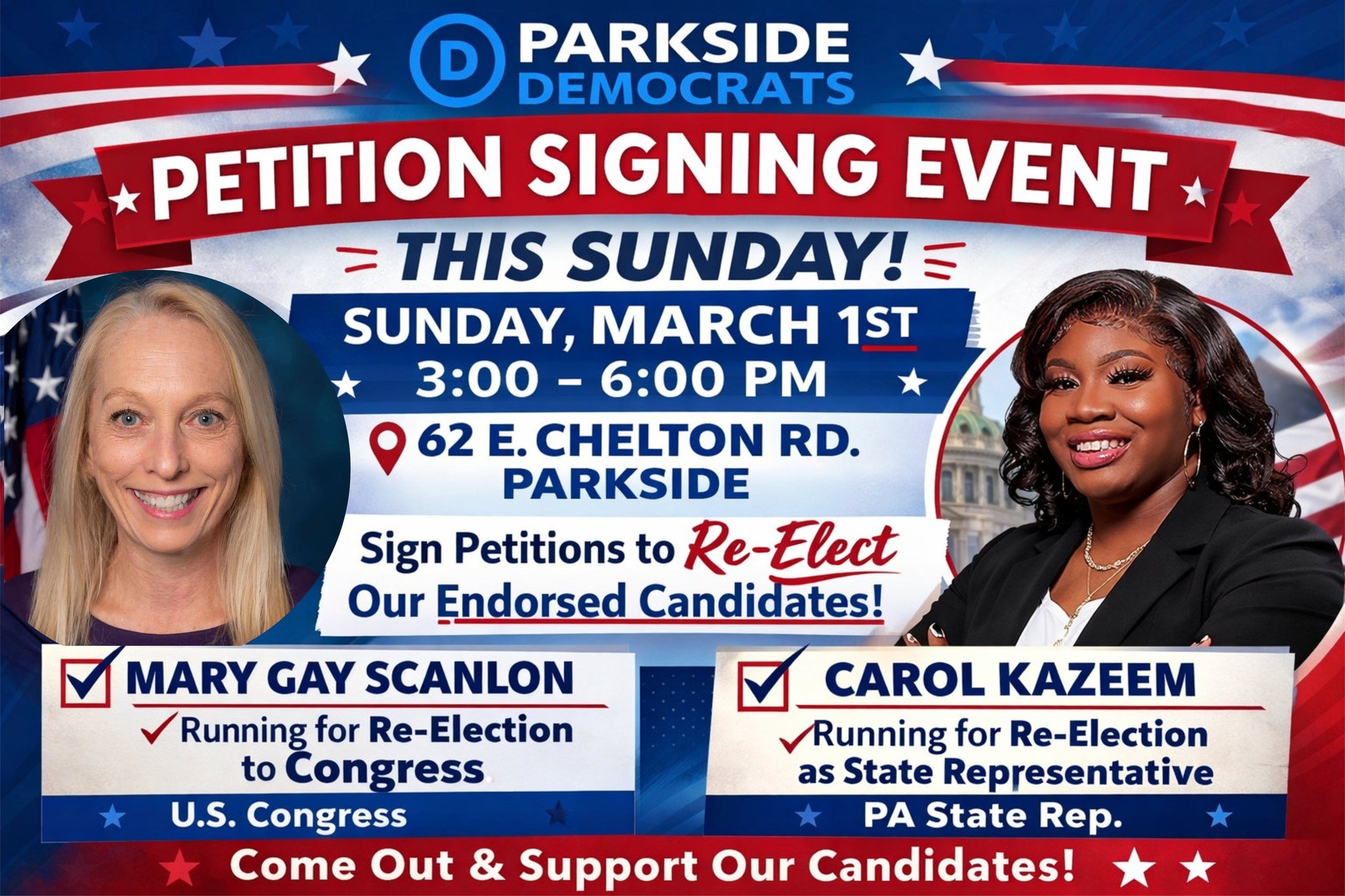 🗳️✍🏽 𝗣𝗲𝘁𝗶𝘁𝗶𝗼𝗻 𝗦𝗶𝗴𝗻𝗶𝗻𝗴 𝗘𝘃𝗲𝗻𝘁 &ndash; 𝗧𝗵𝗶𝘀
𝗦𝘂𝗻𝗱𝗮𝘆!✍🏽🗳️

The Parkside Dems are hosting a petition signing event
this 𝗦𝘂𝗻𝗱𝗮𝘆, 𝗠𝗮𝗿𝗰𝗵 𝟭𝘀𝘁 𝗳𝗿𝗼𝗺 𝟯&ndash;𝟲 𝗣𝗠 at:

📍 62 E. Chelton Rd, Parkside

We need 