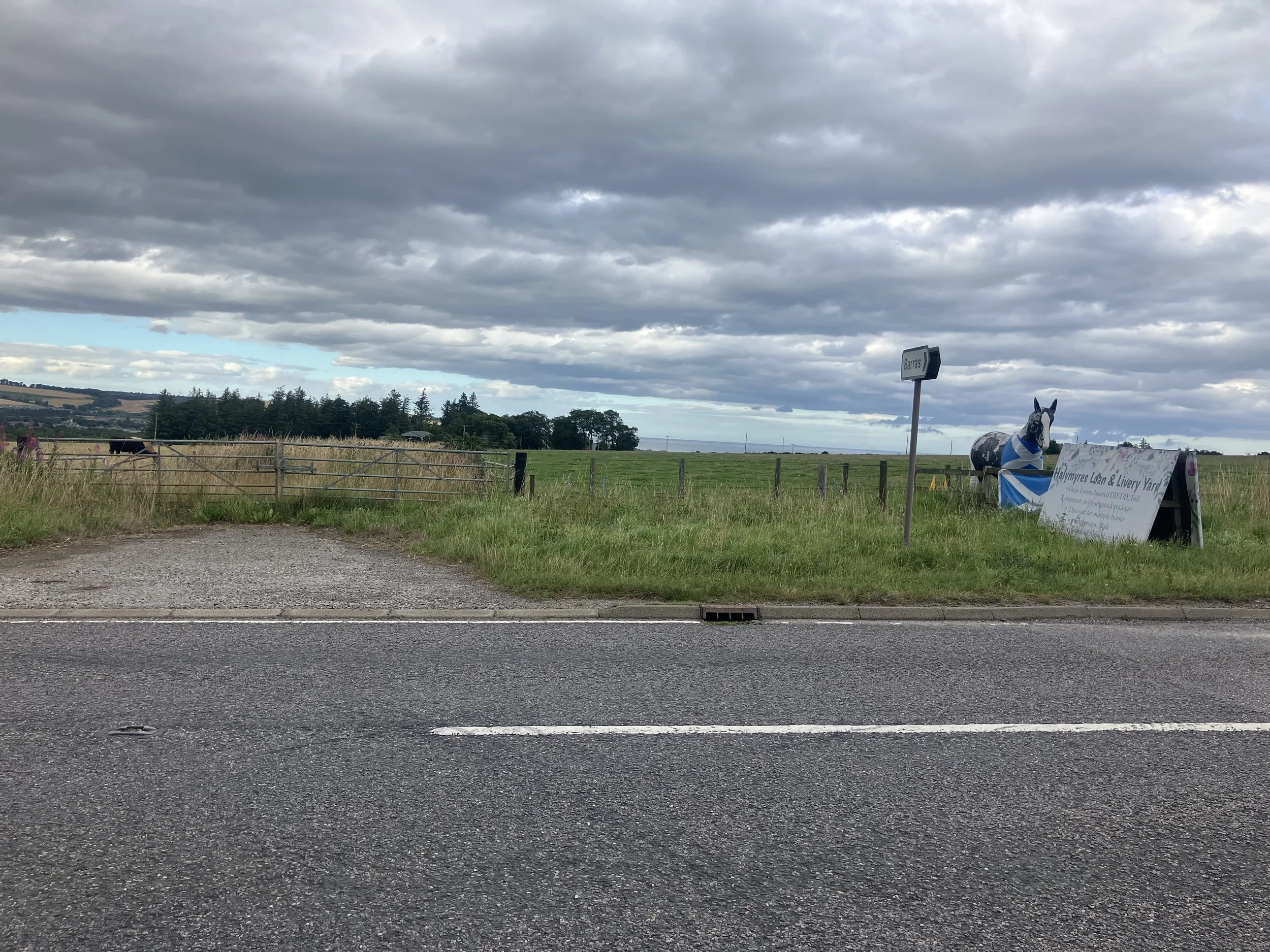 This is the view across the A92 towards the piece of tarmac that I use as a safe heaven

And the fibreglass horse which only locals know as a landmark