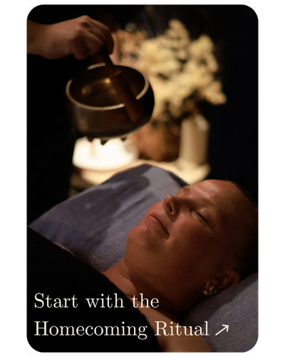the Homecoming Ritual booking Alt text: Sound healing with a tuning fork during the Homecoming Ritual nervous system facial at Blue Moon Wellness Spa in Cobbitty, near Camden.