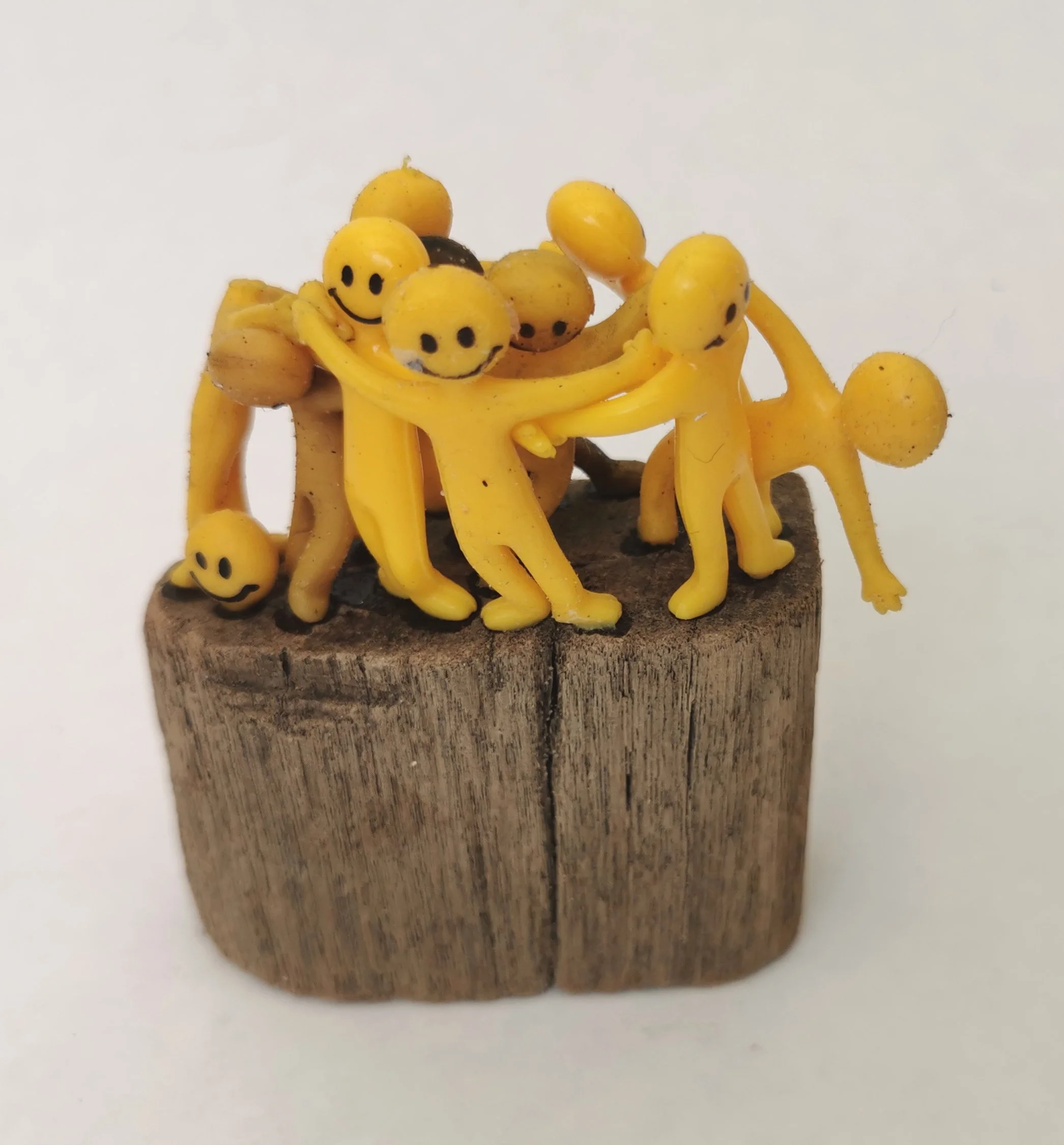 PROTEST' A series of works that comment on the artists activist streak. 
Image: Work together. Yellow jellymen, driftwood. These little men, all found on the local beach, are facing away from each other, without being attached to each other they will