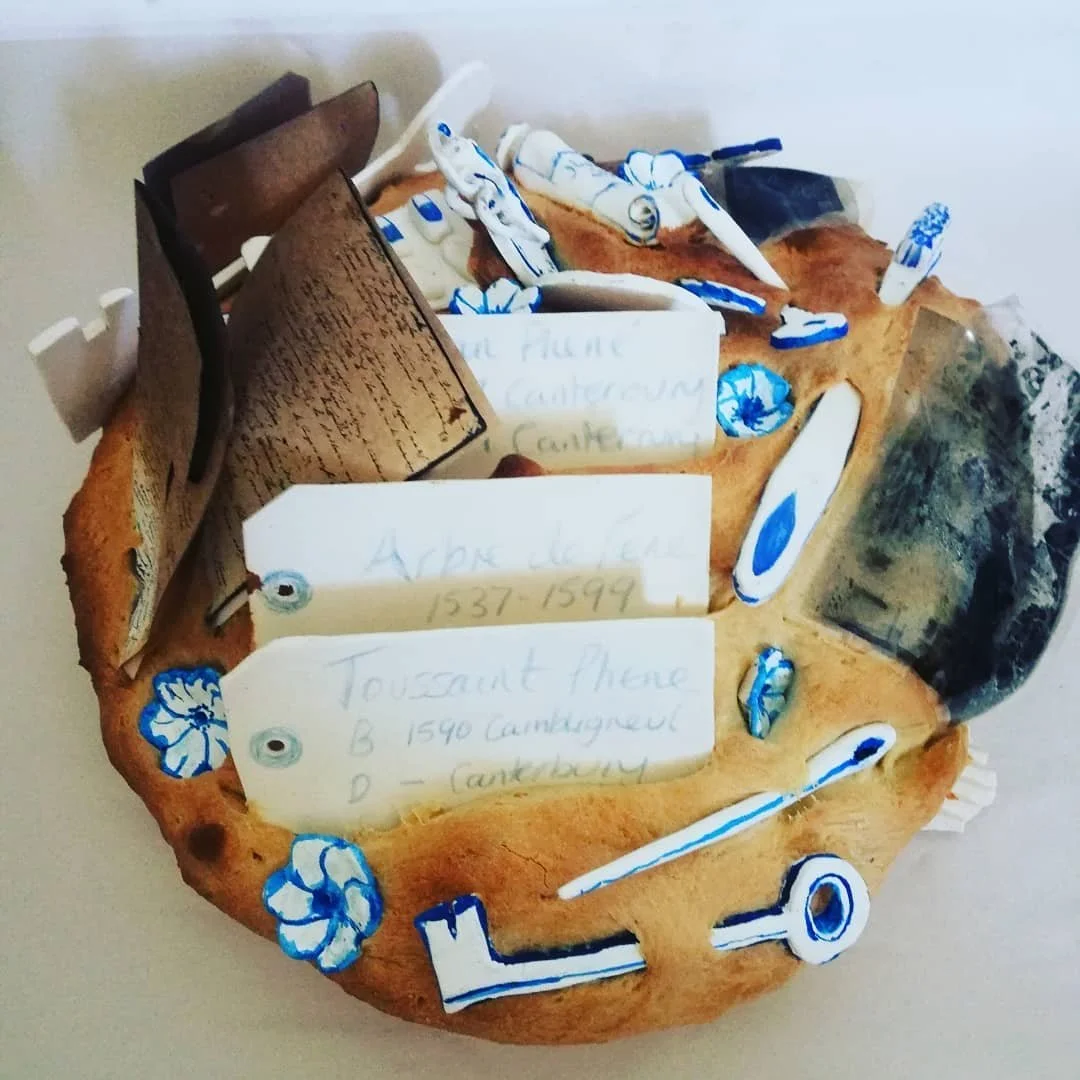 'Weaving Migrants' A year long research into my ancestors, from ancient royalty who owned most of Kent to the Huguenot weavers who were my forbears.
Image: Daily Bread. bread, porcelain and artefact. Based on a bible baked into a loaf of bread to hid