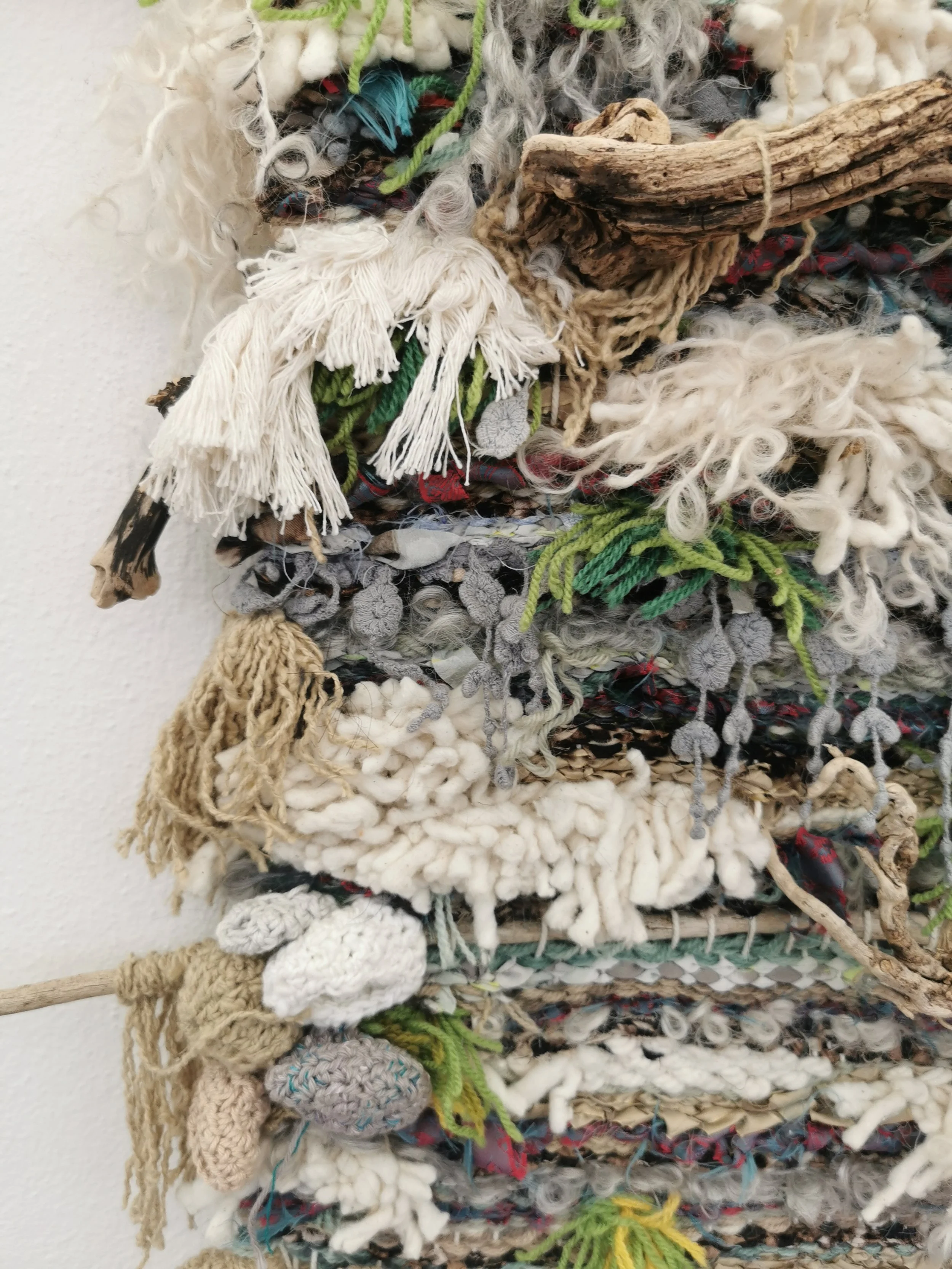 'Weaving Migrants' A year long research into the artists ancestors, from ancient royalty  to the Huguenot weavers. 
Image: Marsh. Woven recycled fabric scraps, yarn and found object.