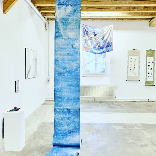 'Blue Period' A series of works and exhibitions working with the ocean as a collaborative partner.
Image: Dead Seas Scroll. Cyanotype on lining paper, white ink. Exhibited at the Dear 2050 exhibition at Kunsthalle Zurich 2021