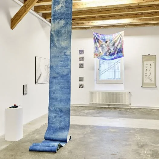 'Blue Period' A series of works and exhibitions working with the ocean as a collaborative partner.
Image: Dead Seas Scroll. Cyanotype on lining paper, white ink. Exhibited at the Dear 2050 exhibition at Kunsthalle Zurich 2021