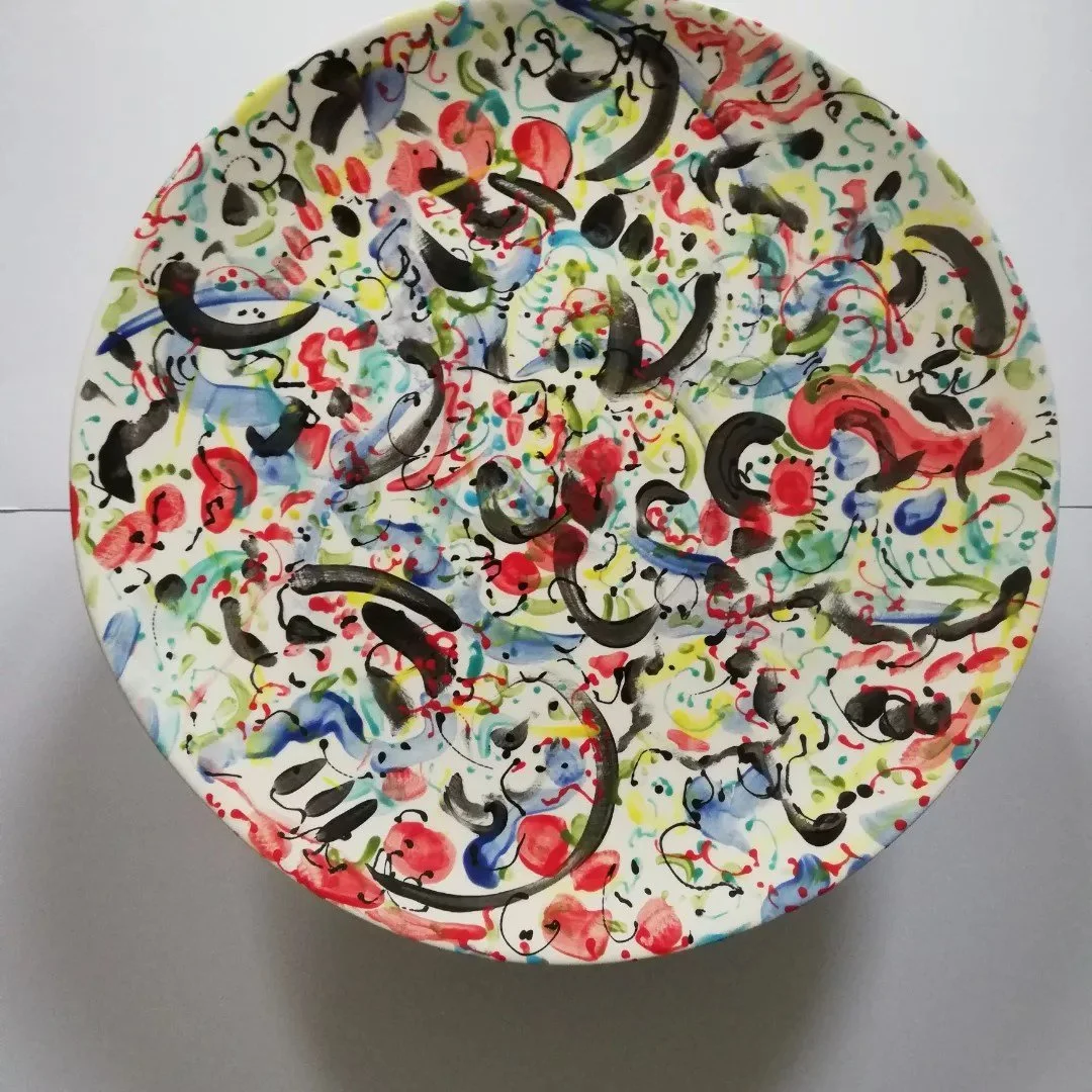 Birdwords/Whalewords. An attempt at creating a written language from bird and whale song.
Image: Birdwords plate. Glazed Ceramic. 2024