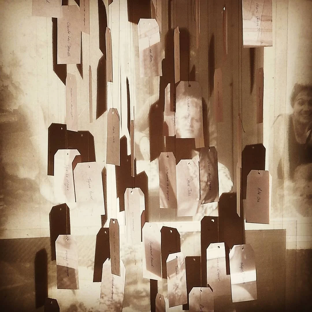 'Weaving Migrants' A year long research into the artists ancestors, from ancient royalty  to the Huguenot weavers. 
Image: Labels. Still from a short film projected onto moving porcelain labels containing the names of family members, Huguenot descend