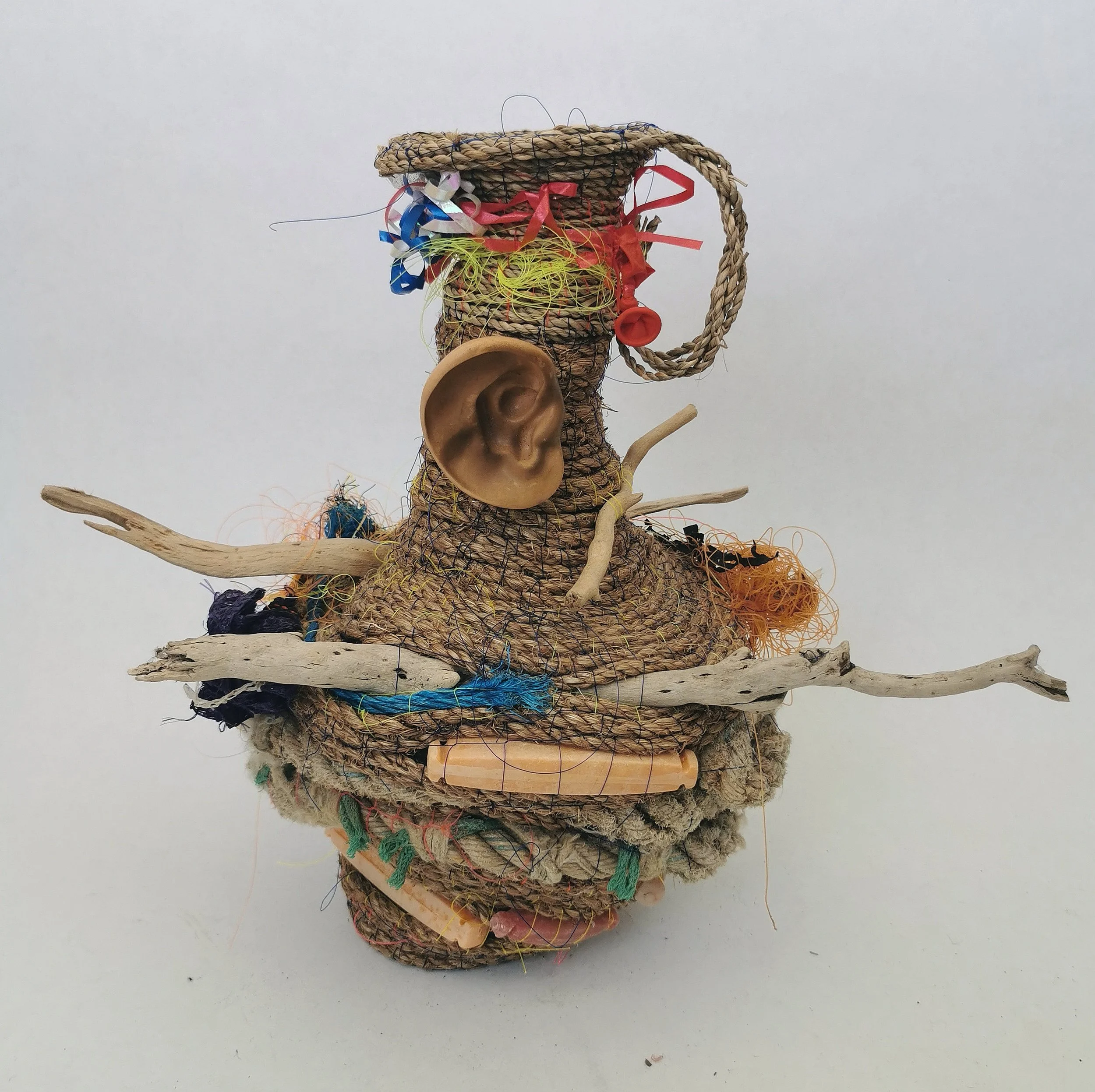 'Ocean Going Vessels' are a series of vases and jugs created entirely from found rope and other flotsam and jetsam found near the artists home and internationally. 
