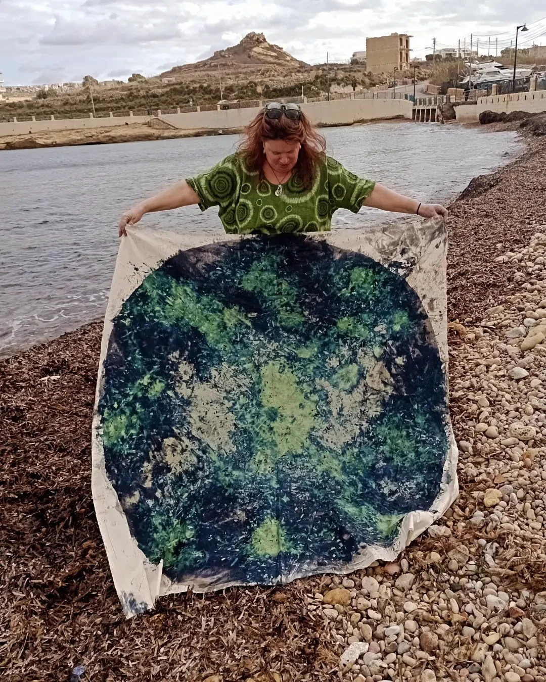 'Blue Period' A series of works and exhibitions working with the ocean as a collaborative partner.
Image: Seagrass Circle, cyanotype on cotton, done during residency on Gozo, Malta 2023