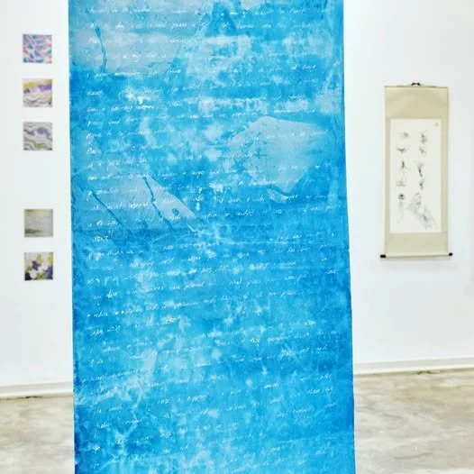 'Blue Period' A series of works and exhibitions working with the ocean as a collaborative partner.
Image: Dead Seas Scroll. Cyanotype on lining paper, white ink. Exhibited at the Dear 2050 exhibition at Kunsthalle Zurich 2021