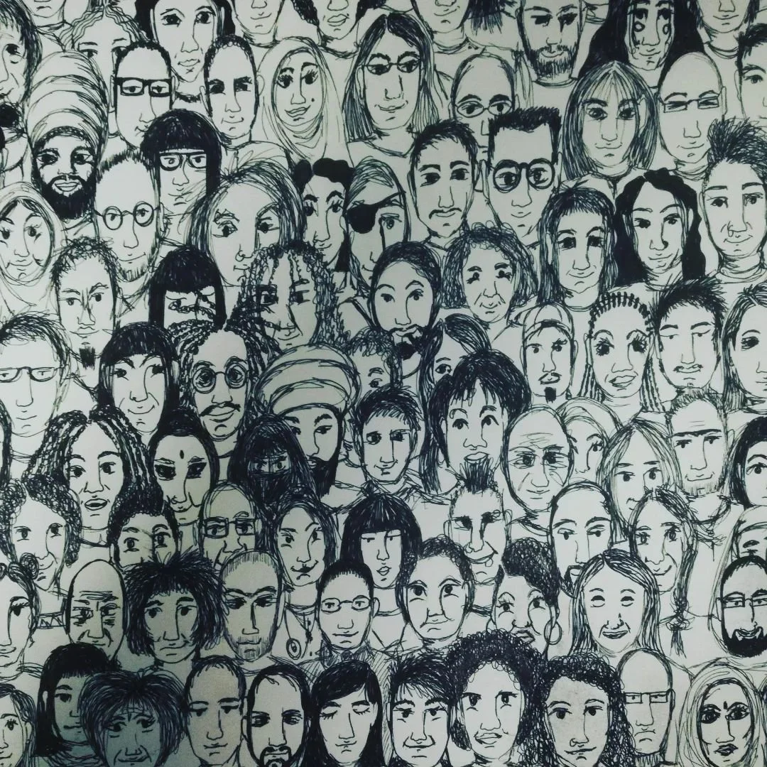 PROTEST' A series of works that comment on the artists activist streak. 
Image: Stronger together 1. Ink on paper. A comment on the victimisation of the migrant community 2021