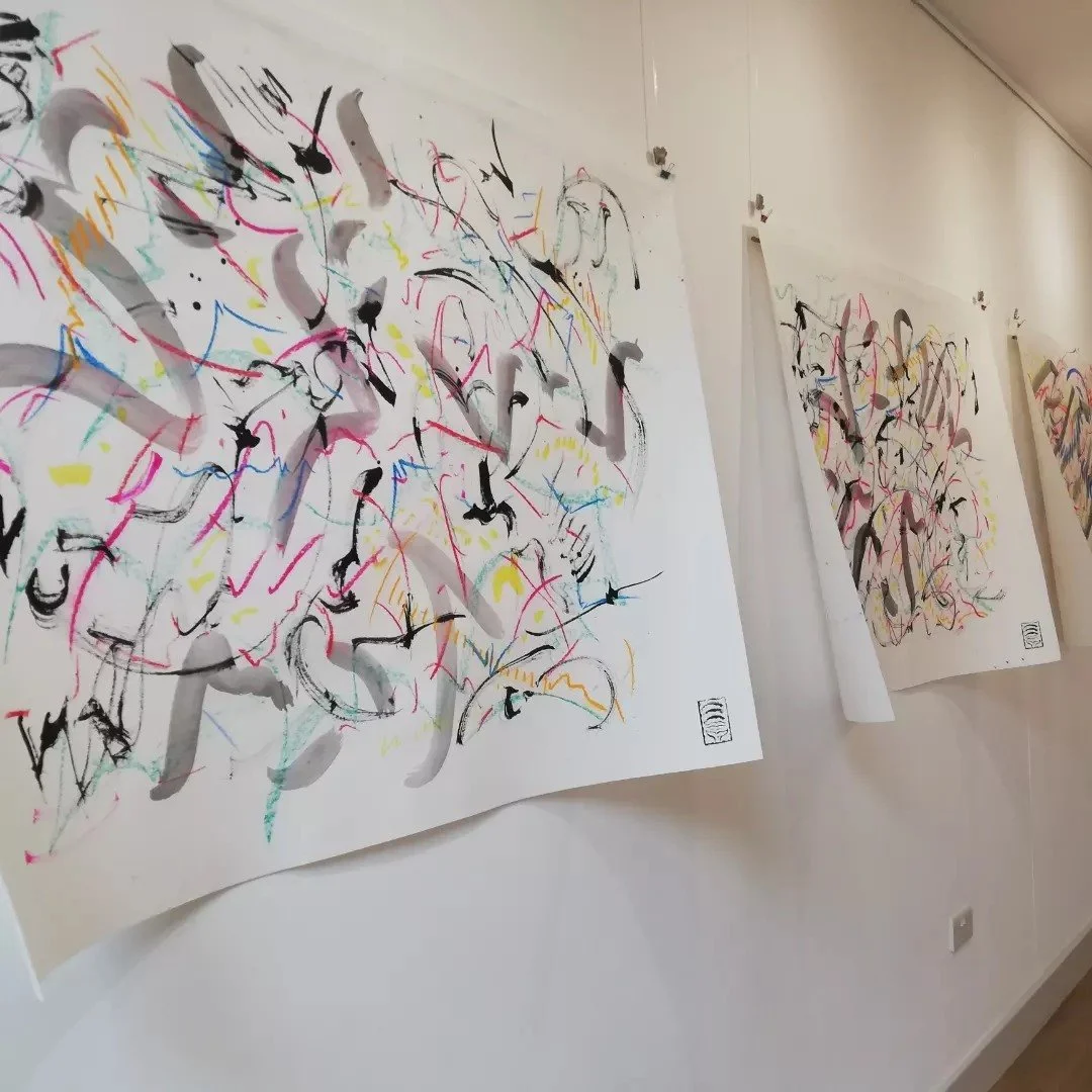 Birdwords/Whalewords. An attempt at creating a written language from bird and whale song.
Image: Birdwords 2,3 & 4. ink, acrylic paint, pastel and pigment on lining paper 2024