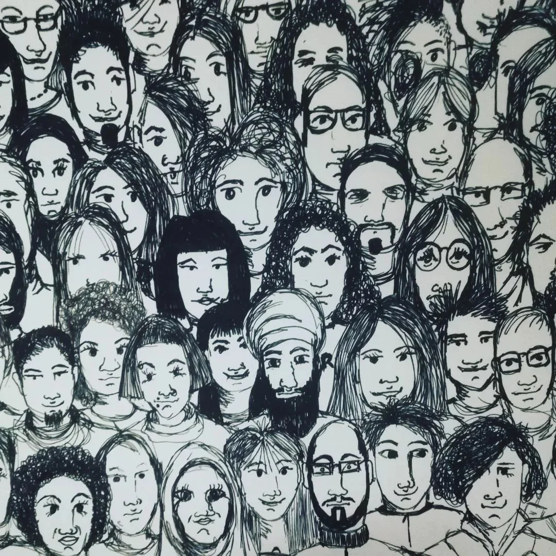 PROTEST' A series of works that comment on the artists activist streak. 
Image: Stronger together 1. Ink on paper. A comment on the victimisation of the migrant community 2021