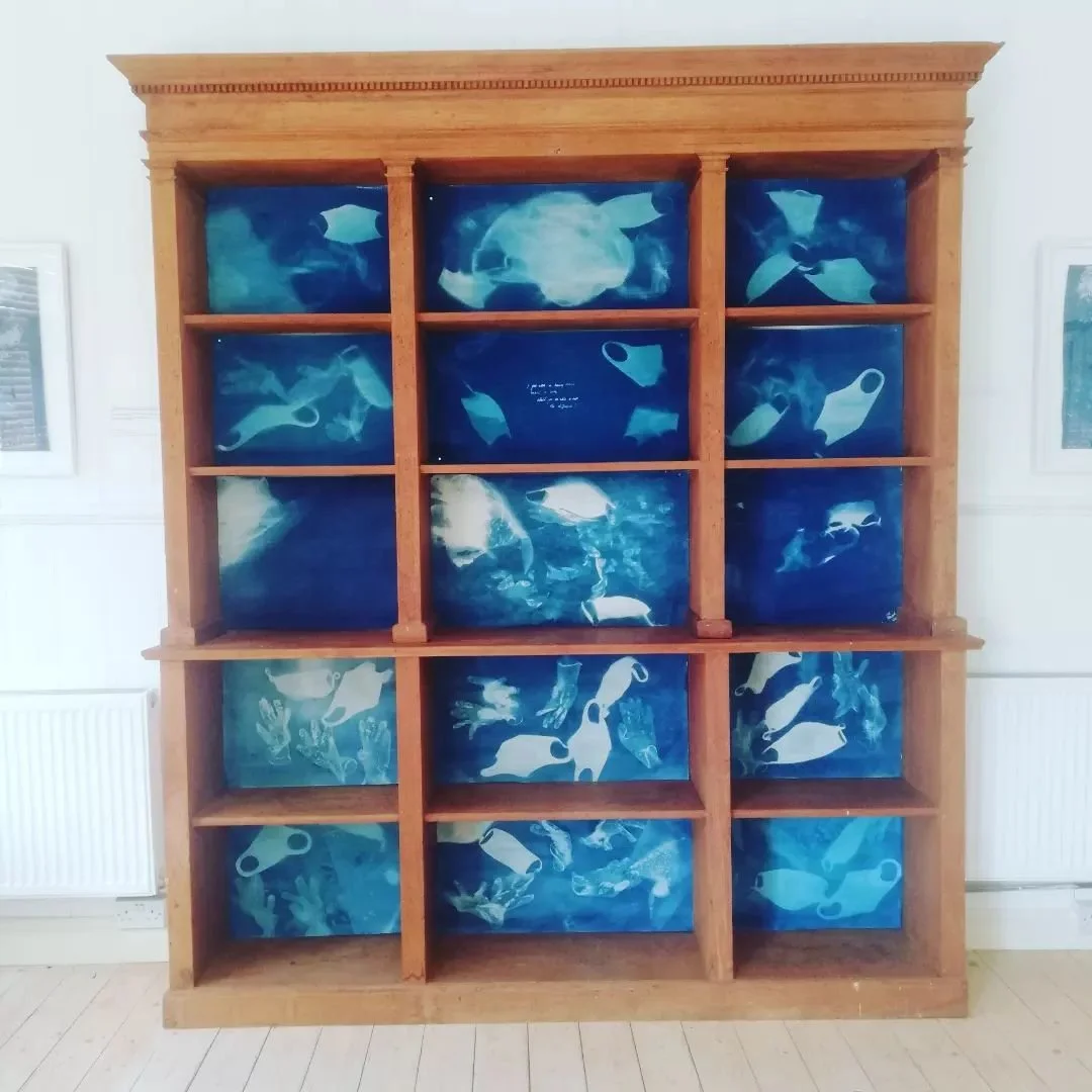 'Blue Period' A series of works and exhibitions working with the ocean as a collaborative partner.
Image: Shark egg or mask? Cyanotype in old dresser. 2022