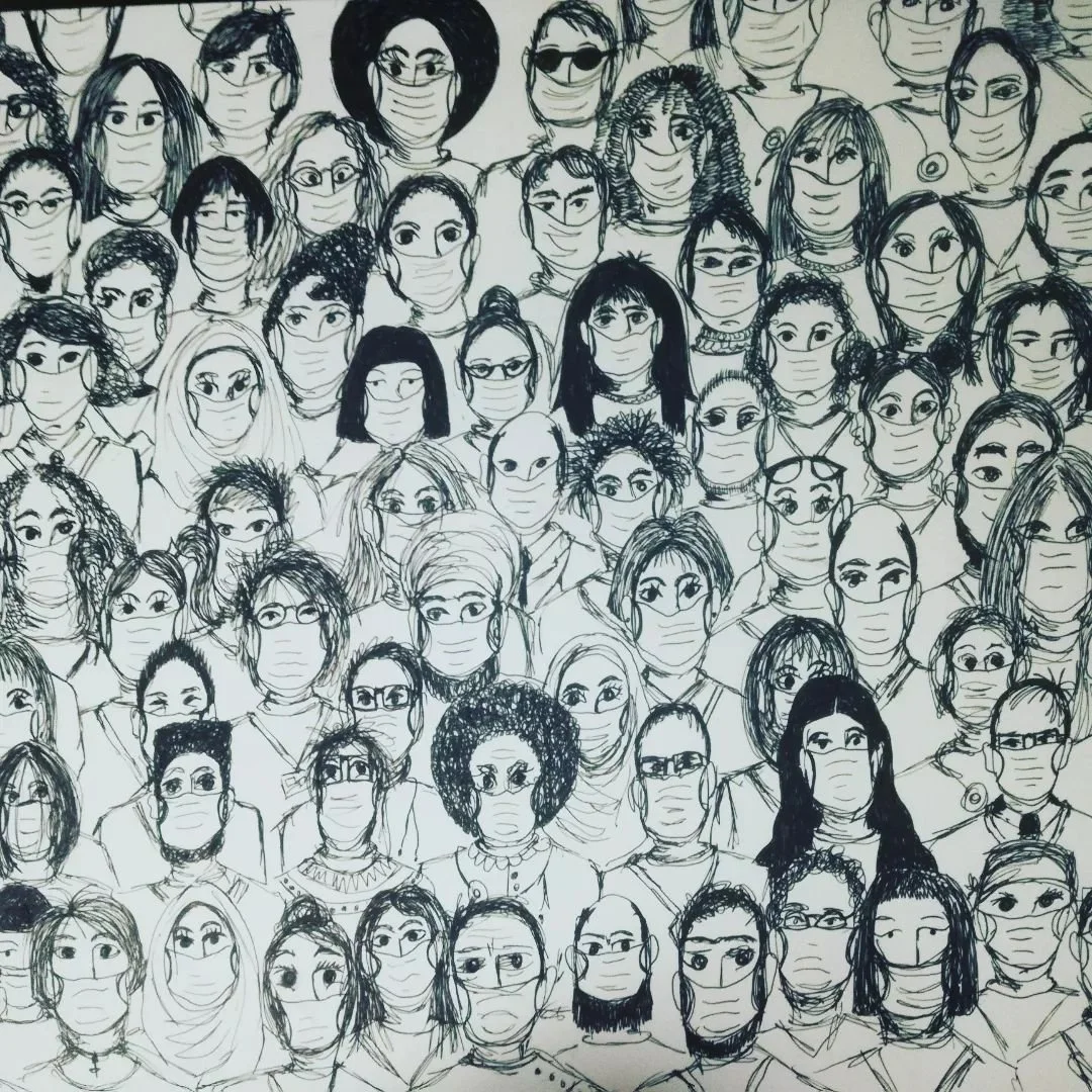 PROTEST' A series of works that comment on the artists activist streak. 
Image: Stronger together 1. Ink on paper. A comment on the victimisation of the migrant community 2021