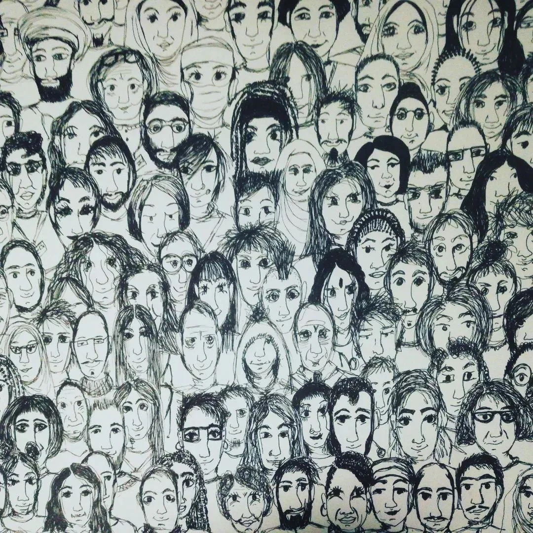 PROTEST' A series of works that comment on the artists activist streak. 
Image: Stronger together 1. Ink on paper. A comment on the victimisation of the migrant community 2021