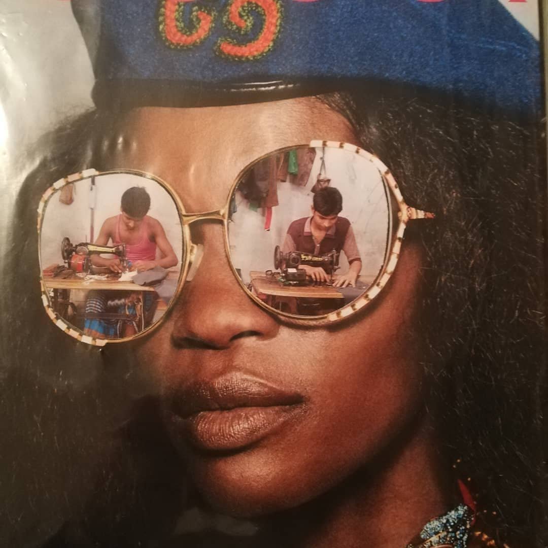 'PROTEST' A series of works that comment on the artists activist streak. 
Image: Fashion Victims. Photomontage, commenting on sweatshop workers creating fashion items for London Fashion Week. 2019