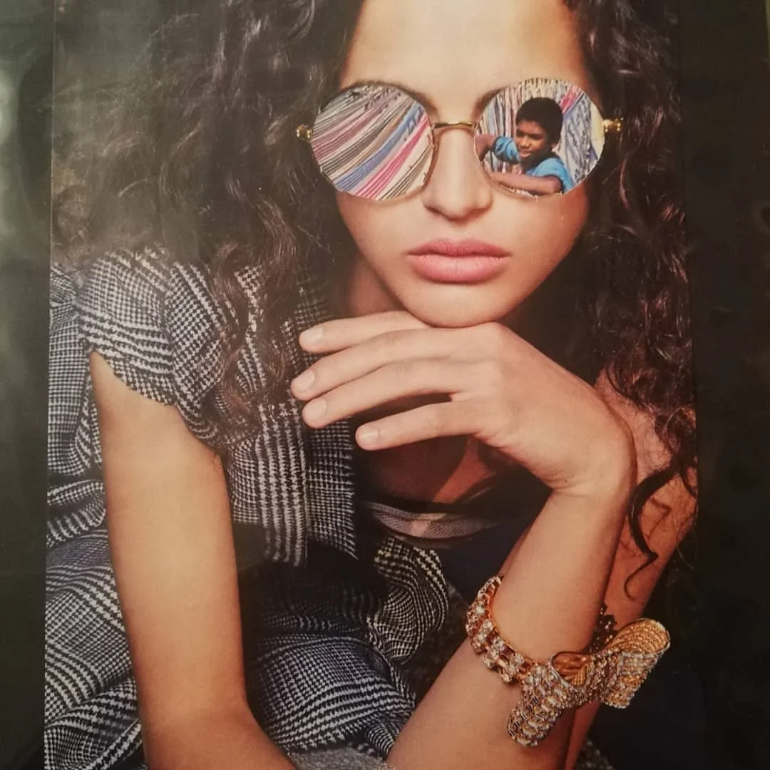 PROTEST' A series of works that comment on the artists activist streak. 
Image: Fashion Victims. Photomontage, commenting on sweatshop workers creating fashion items for London Fashion Week. 2019