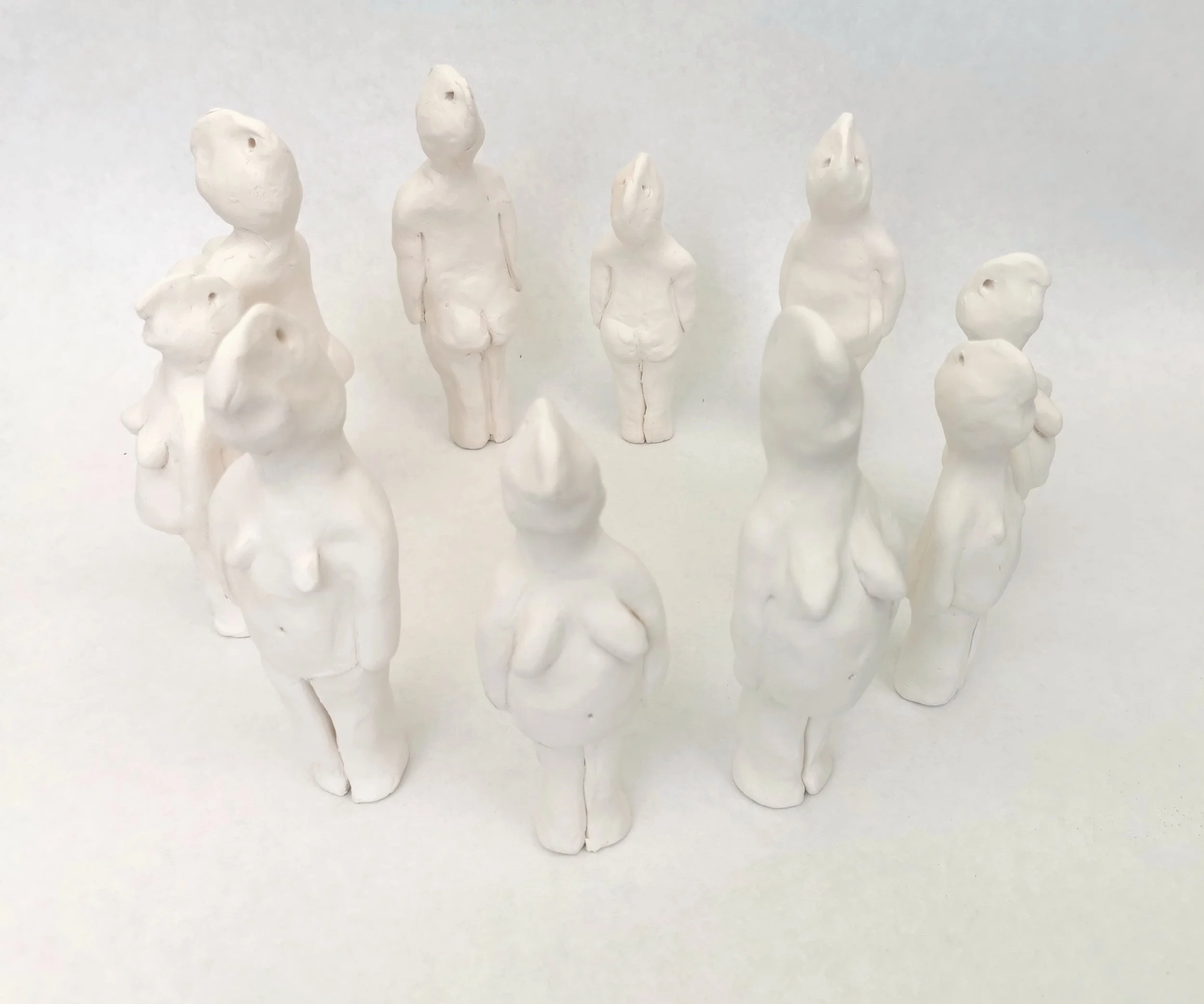 'Protective Spirits' Many countries have these spirits to protect against the dark. Clay, collage, marine plastic.
Image: Boob Ladies. Bisque fired earthenware, protective spirits of the female body image. 2022