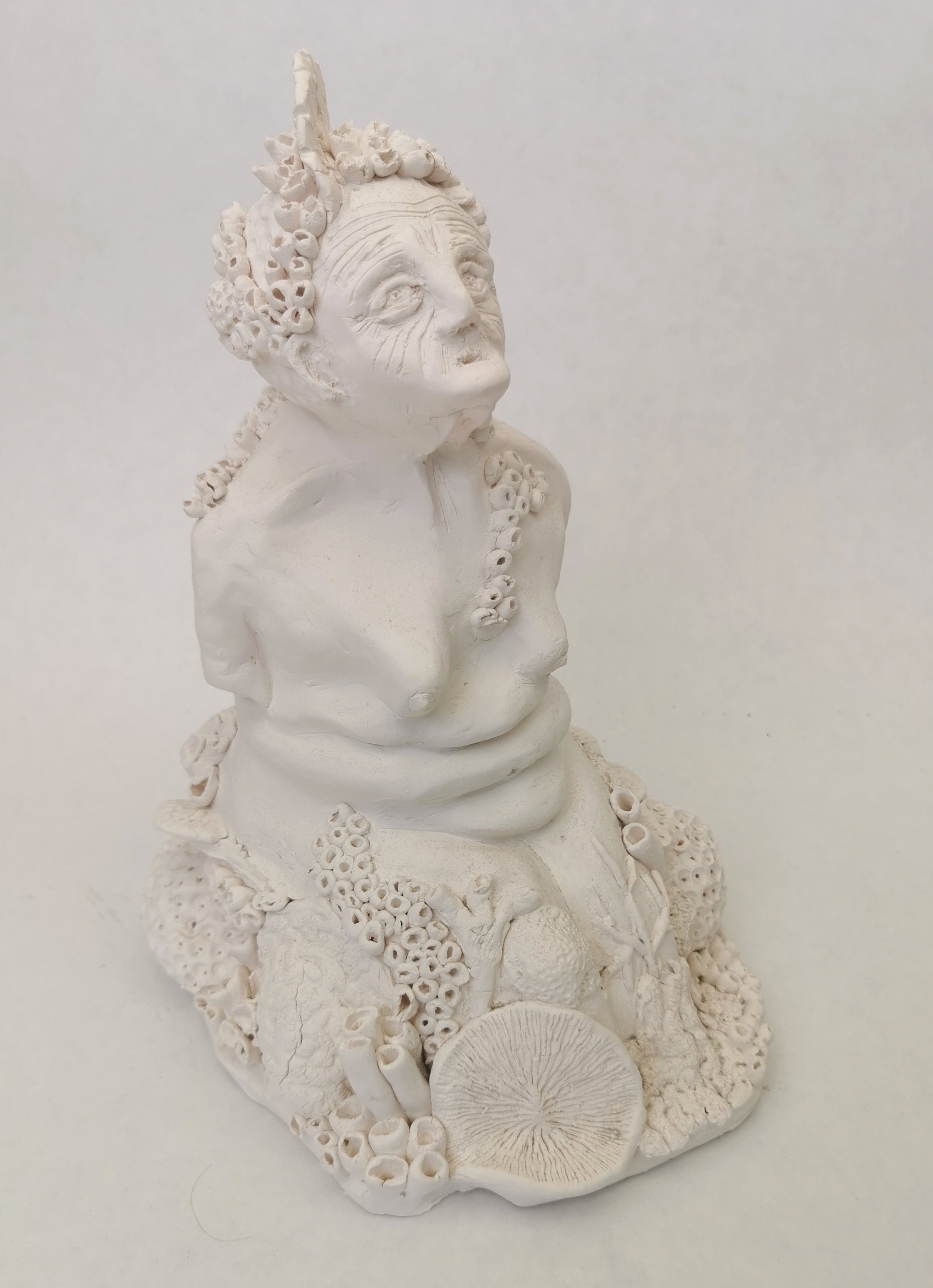 'Protective Spirits' Many countries have these spirits to protect against the dark. Clay, collage, marine plastic.
Image: Venus de Mare, single fired porcelain, the protector of bleached coral reefs. 2021