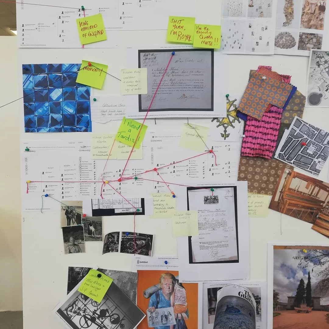 'Weaving Migrants' A year long research into the artists ancestors, from ancient royalty  to the Huguenot weavers. 
Image: Research crime scene investigation. Mixed Media. 2020