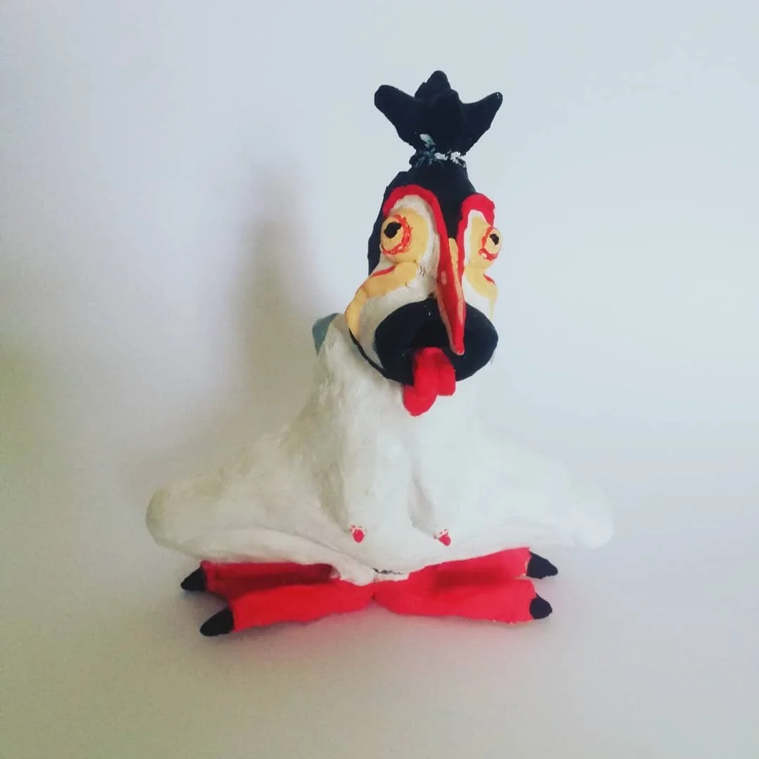 'Protective Spirits' Many countries have these spirits to protect against the dark. Clay, collage, marine plastic.
Image: Our lady of Lap-sap. Painted earthenware, the protective spirit of landfill workers, part Indonesian Garuda, Seagull & bin-bag. 