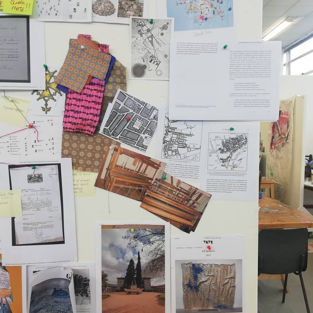 'Weaving Migrants' A year long research into the artists ancestors, from ancient royalty  to the Huguenot weavers. 
Image: Research crime scene investigation. Mixed Media. 2020