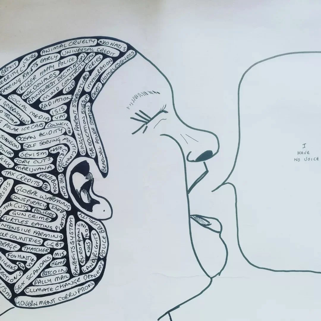 PROTEST' A series of works that comment on the artists activist streak. 
Image: I have no Voice! Ink on paper 2015