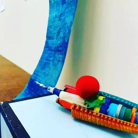 'Blue Period' A series of works and exhibitions working with the ocean as a collaborative partner.
Image: Dead Seas Scroll. Cyanotype on lining paper, white ink, pen created from found marine plastic. Exhibited at the Dear 2050 exhibition at Kunsthal