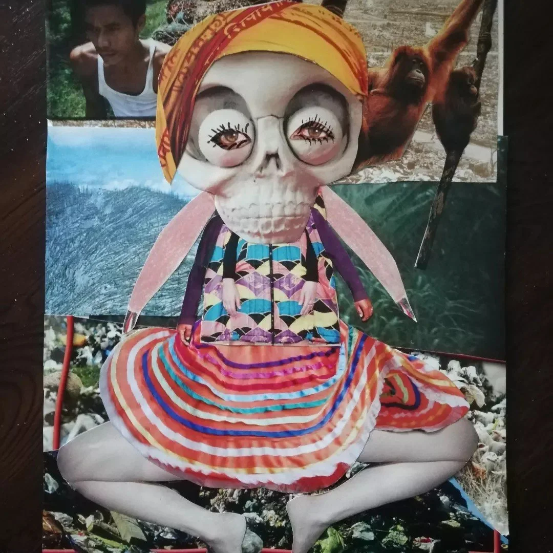 'Protective Spirits' Many countries have these spirits to protect against the dark. Clay, collage, marine plastic.
Image: Mae Selva. Collage, the protective spirit of the living beings of the worlds rainforests. 2024