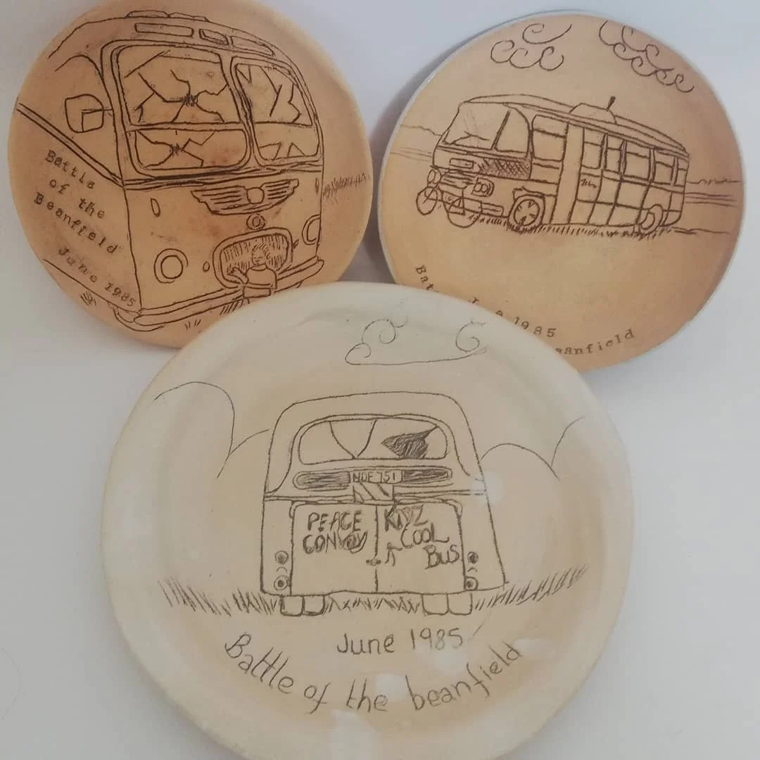 'PROTEST' A series of works that comment on the artists activist streak. 
Image: Commemorative Plates, glazed ceramic. Commemorating events throughout history that should never have happened or have been hidden from public record. 2018
