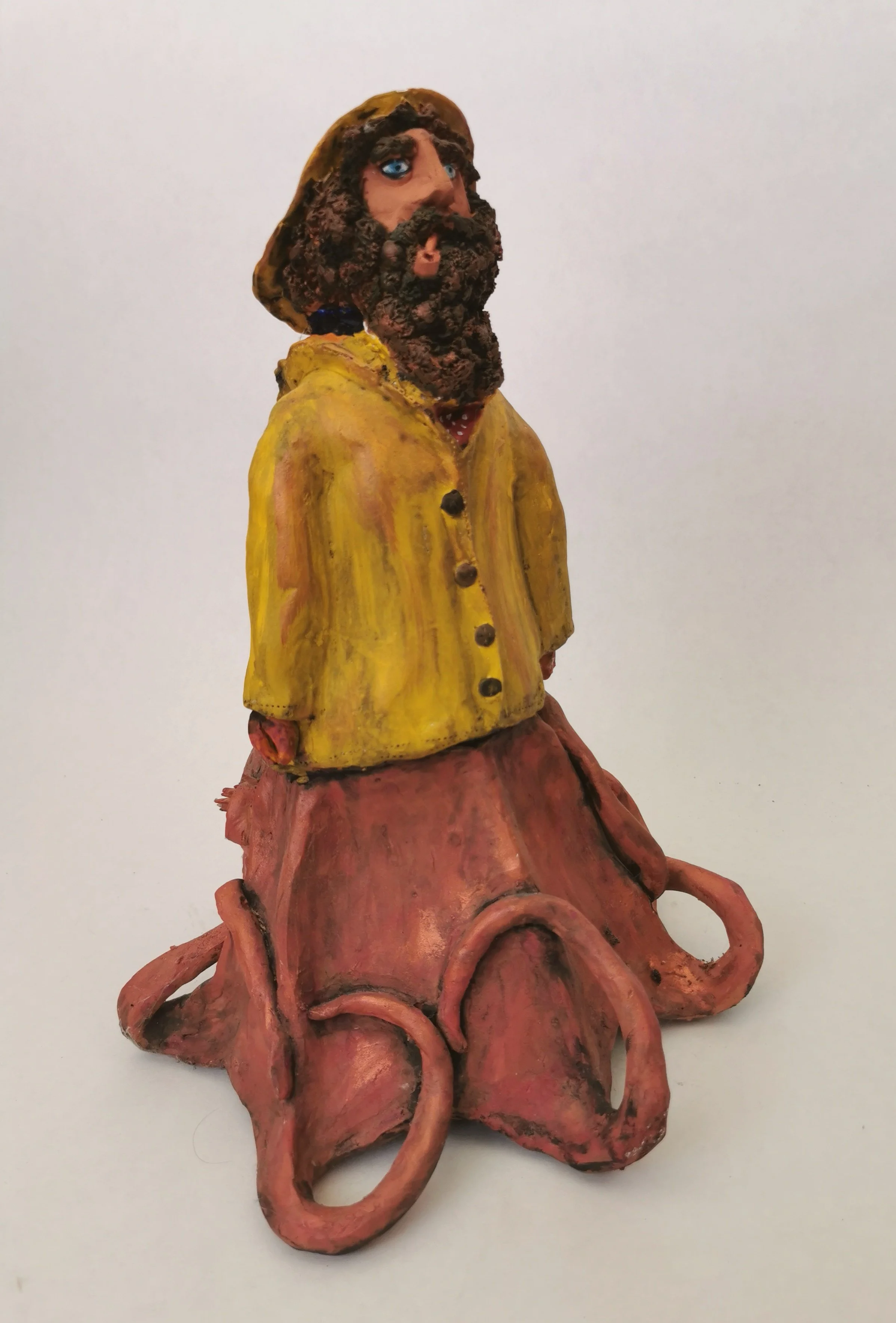 'Protective Spirits' Many countries have these spirits to protect against the dark. Clay, collage, marine plastic.
Image: Old Salt, Painted terracotta, protective spirit of overfished seas.