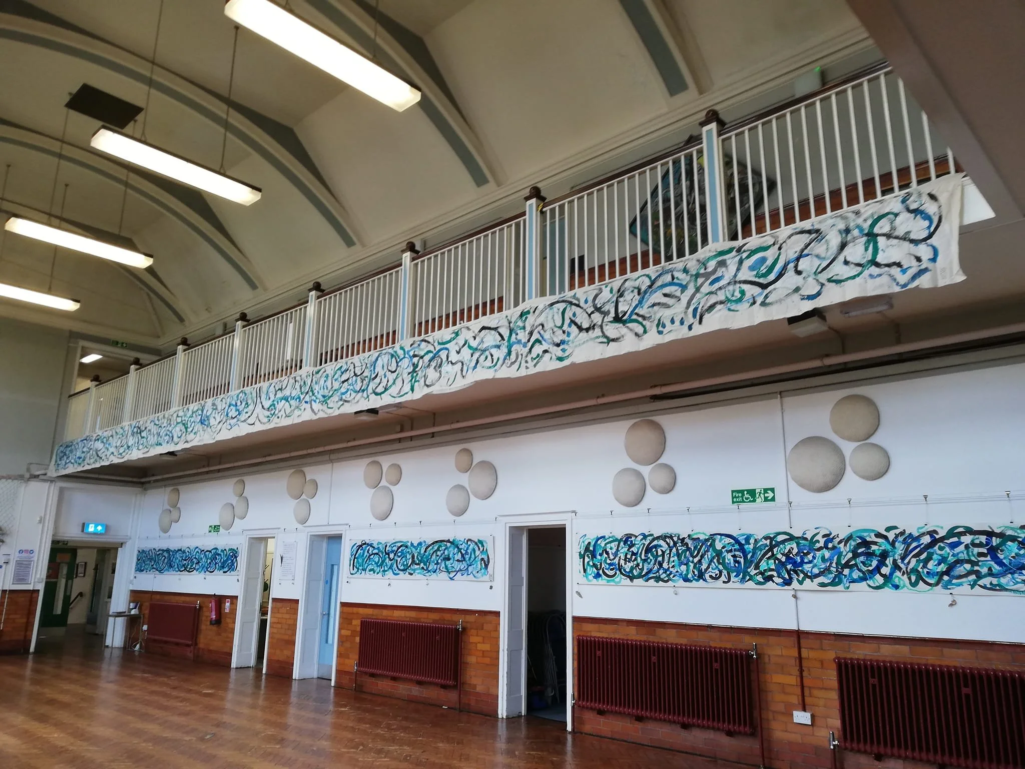 Birdwords/Whalewords. An attempt at creating a written language from bird and whale song.
Image: Whalewords exhibition. ink, acrylic paint, pastel and pigment on lining paper 2024