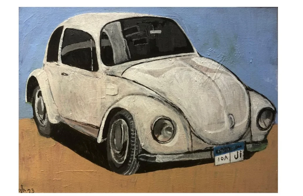 "Maysaa's Beetle white" | 2023 | Acrylic on Canvas | 36 x 25cm | KD 300