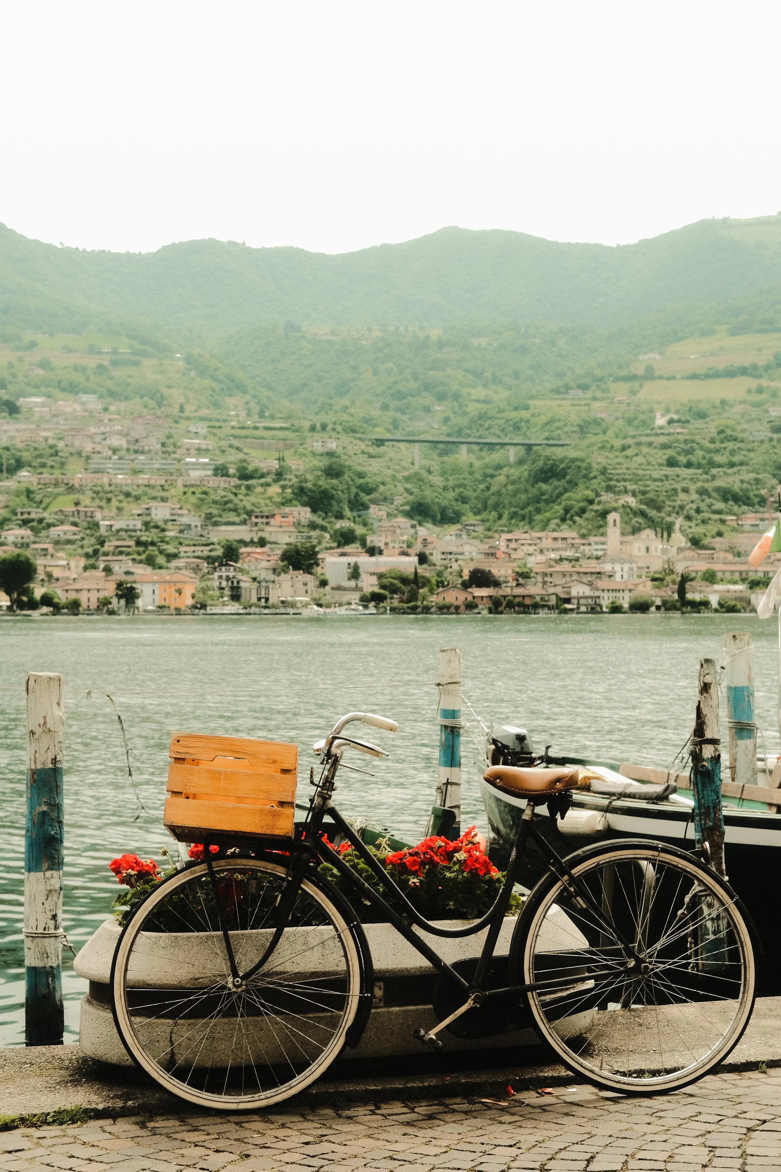 Fiets met houten fietsmandje met bloemen, langs een waterkant met uitzicht op een stad en groene heuvels.